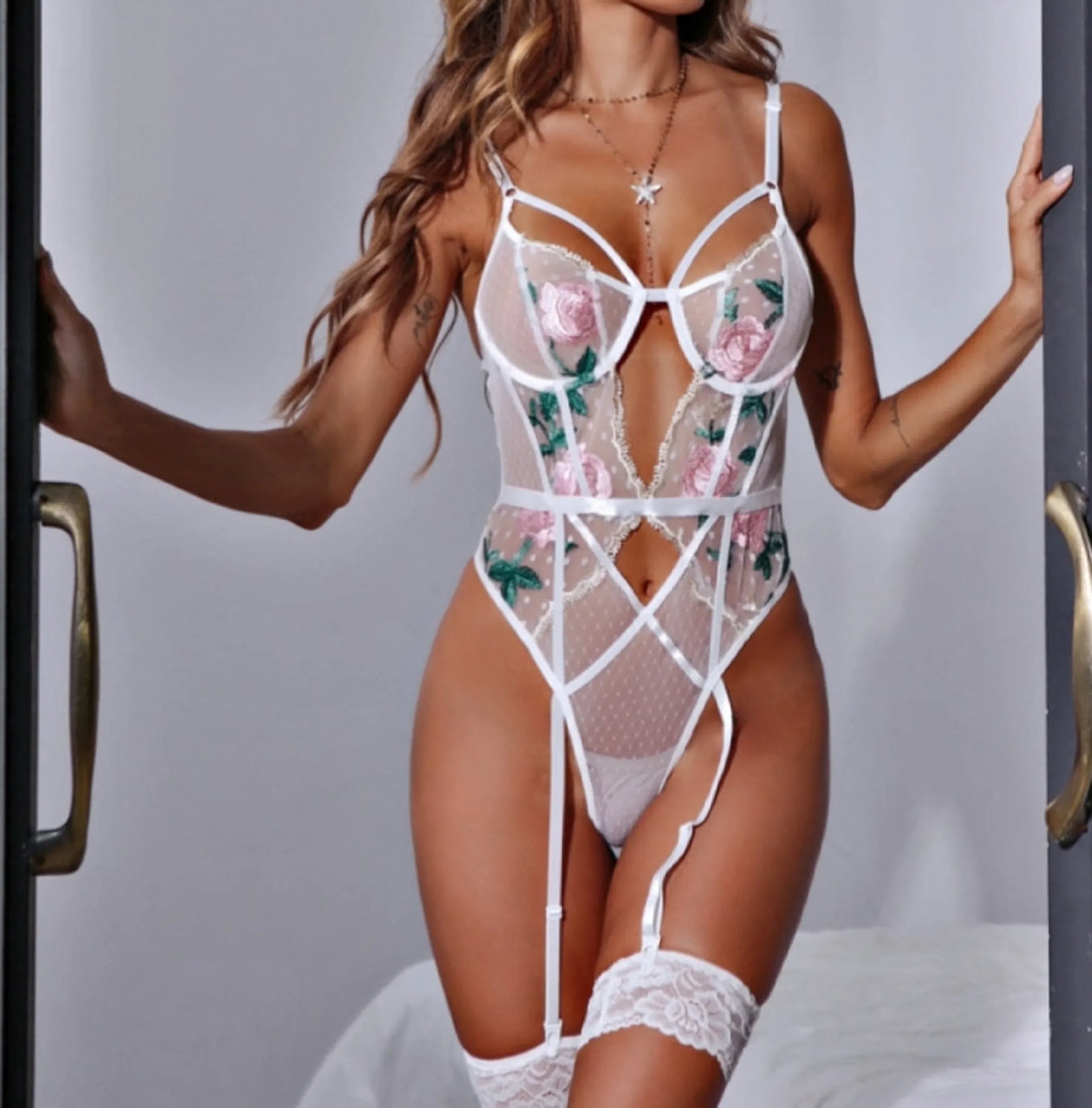 Selena Mesh Embroidery Bodysuit Lingerie Set