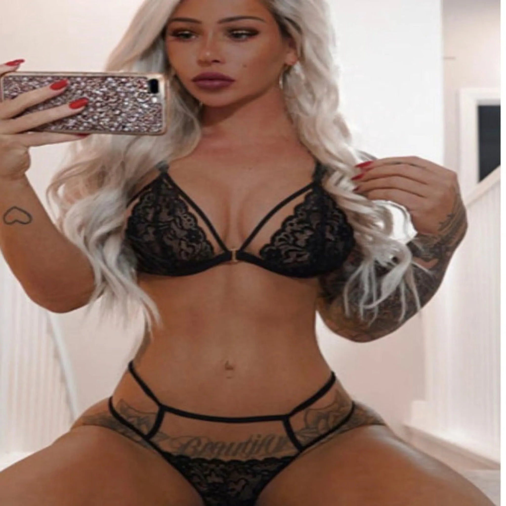 Strappy Hollow-Out Lace Bralette Set