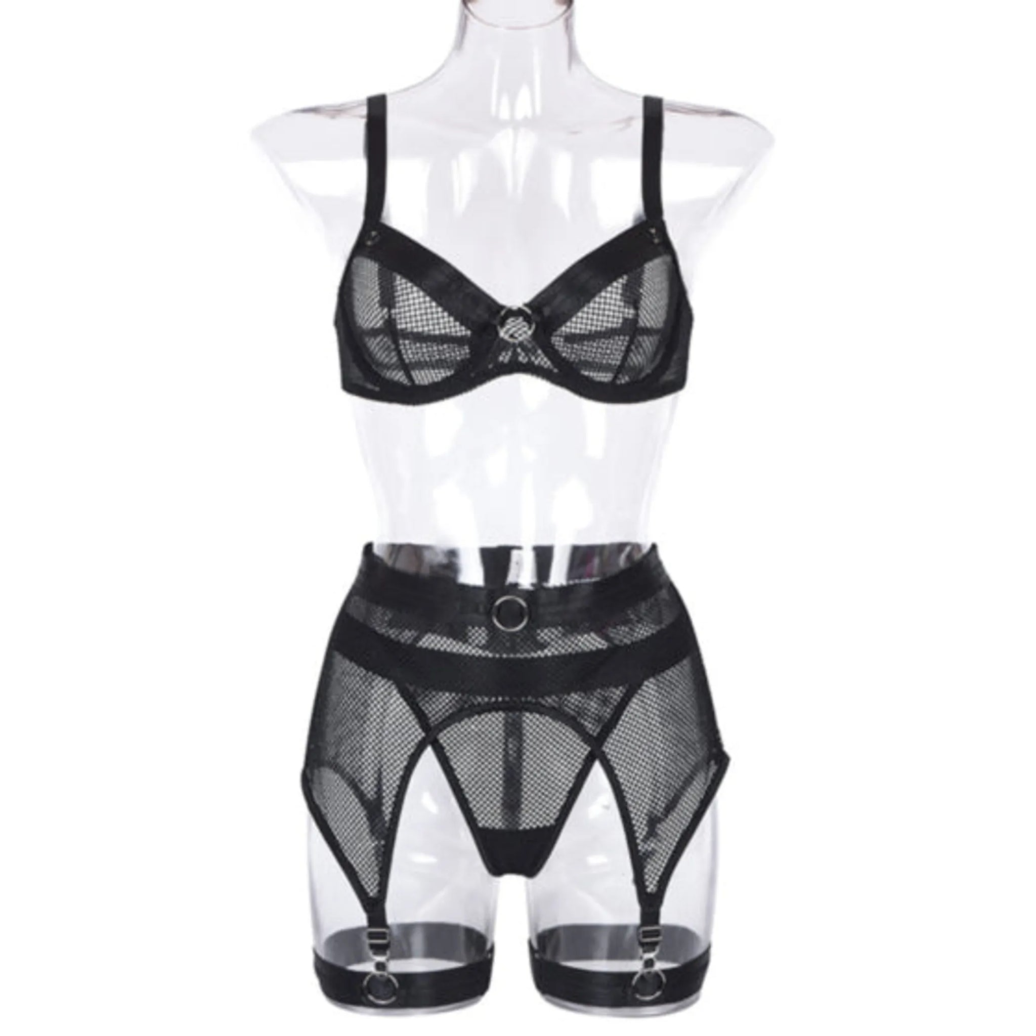 Sexy Fishnet Lace Lingerie Set with Garter Belt and G-String (3 Piece)