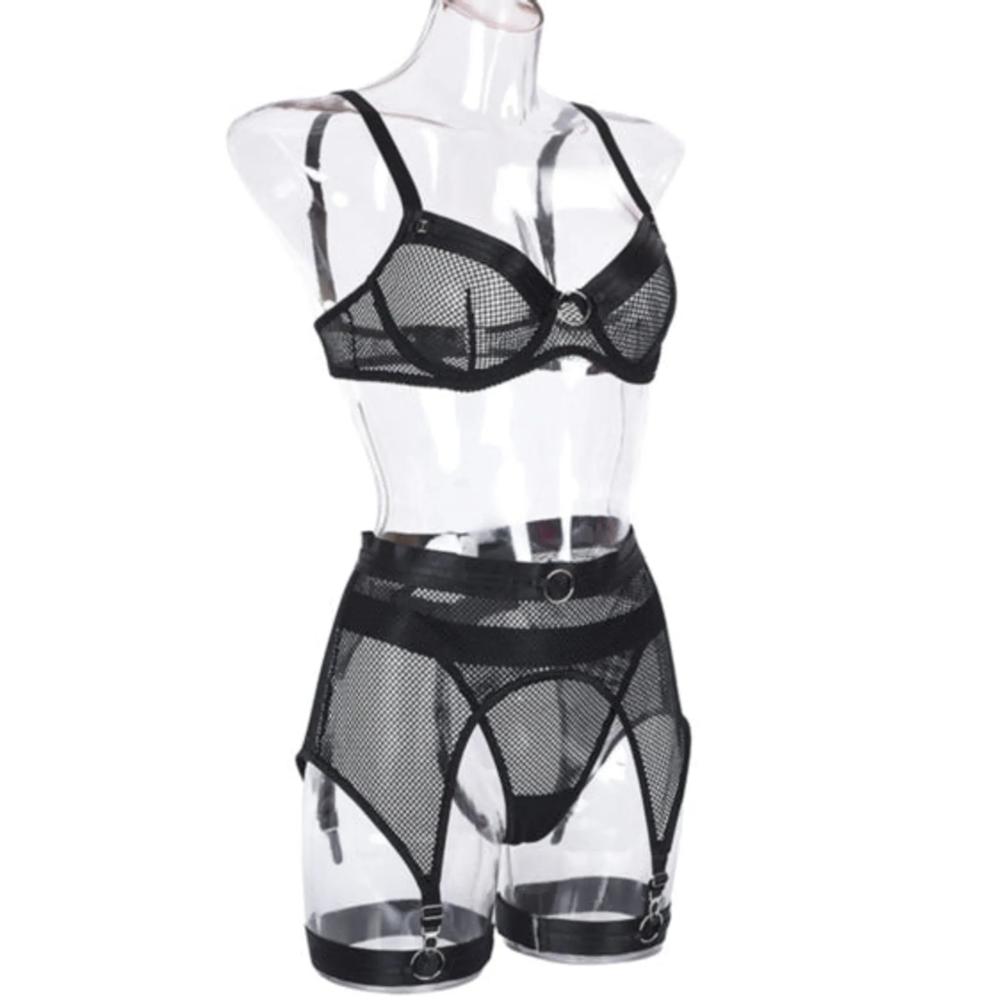 Sexy Fishnet Lace Lingerie Set with Garter Belt and G-String (3 Piece)