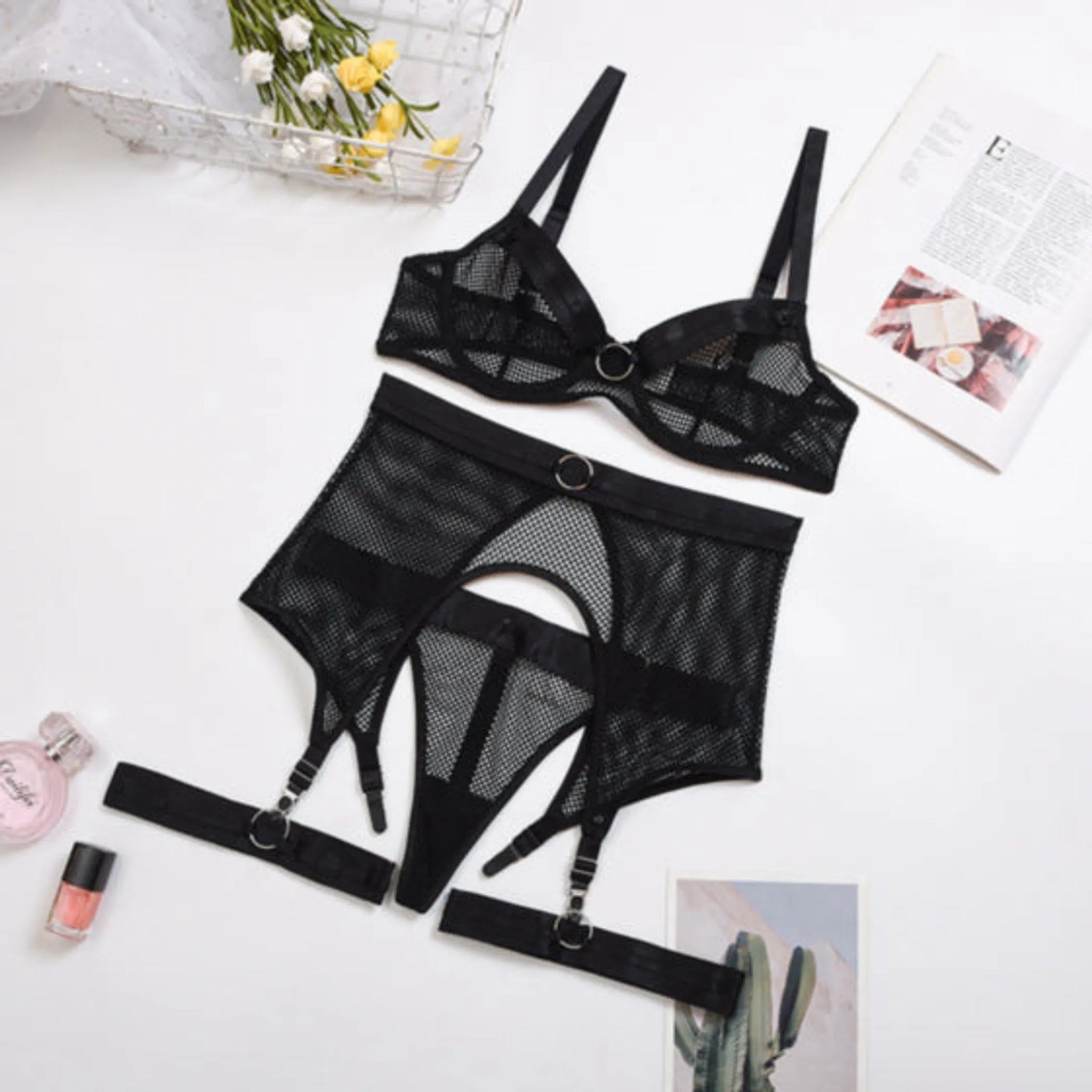 Sexy Fishnet Lace Lingerie Set with Garter Belt and G-String (3 Piece)