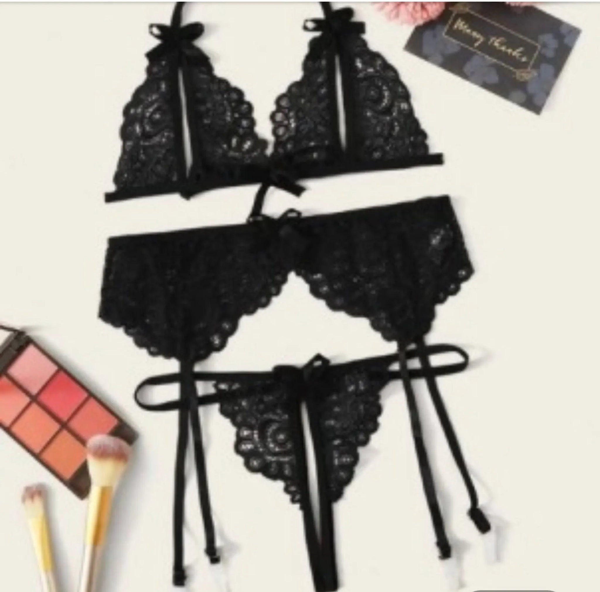 Center Cut Lace Bra & Panties Lingerie Set (3 Piece)