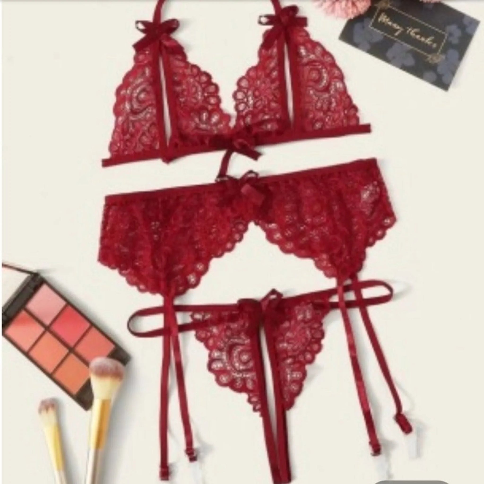 Center Cut Lace Bra & Panties Lingerie Set (3 Piece)