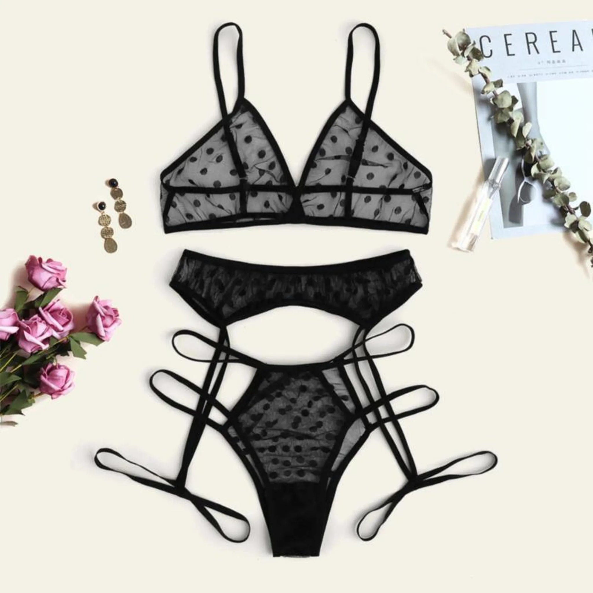 Polka Dot Lace Lingerie Set (3 Piece)
