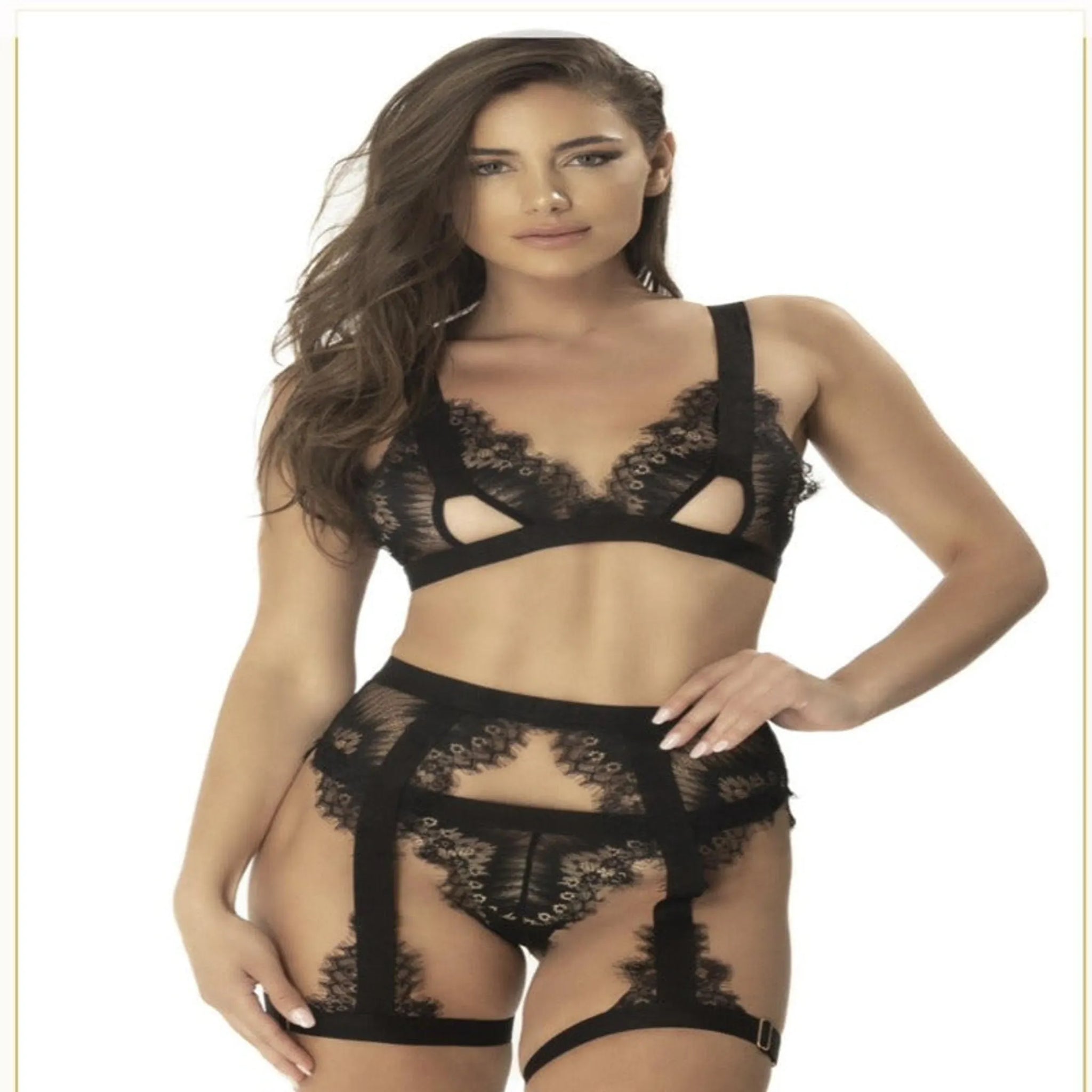 Satin and Eyelash Lace Lingerie Set with Garter Belt and G-String