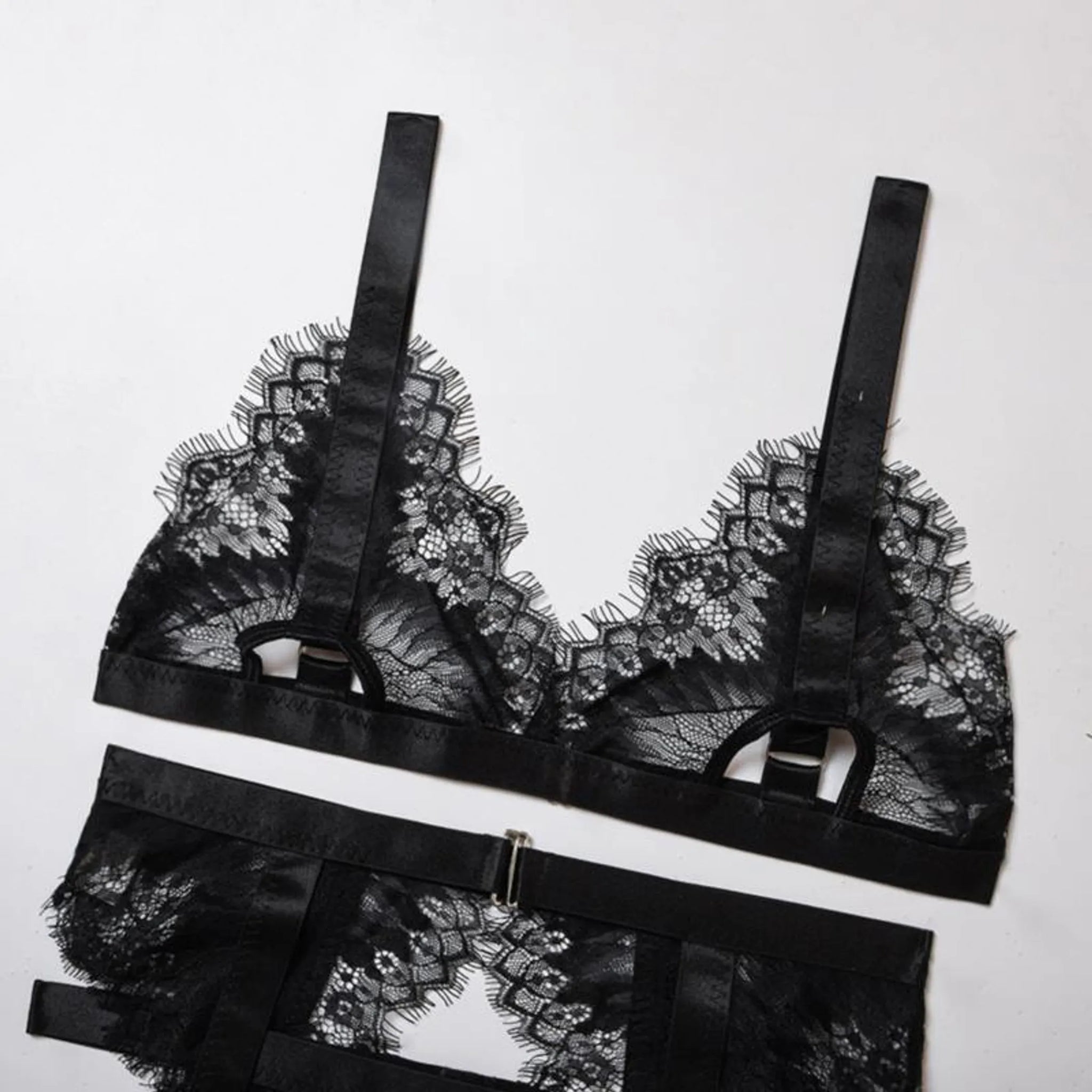 Satin and Eyelash Lace Lingerie Set with Garter Belt and G-String