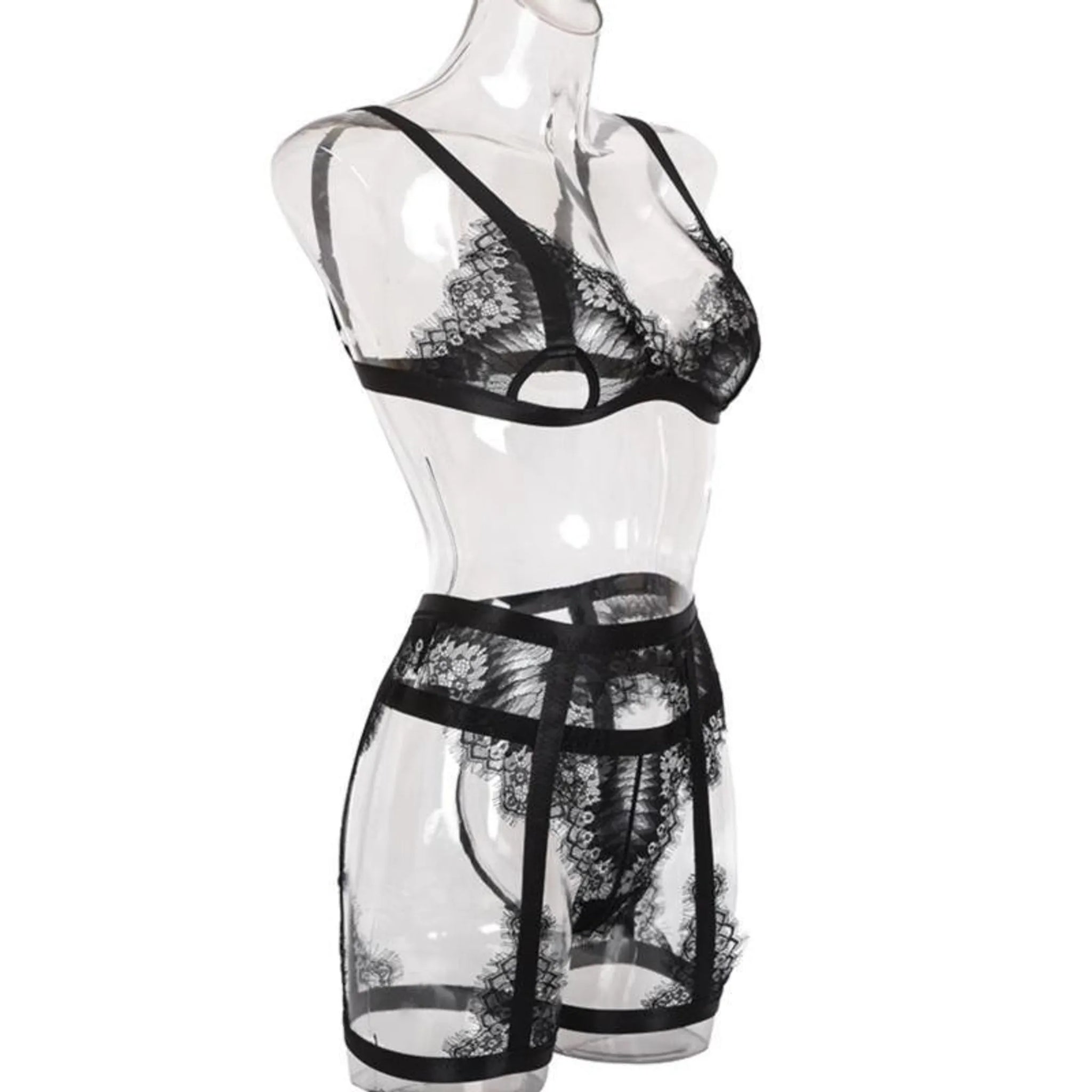 Satin and Eyelash Lace Lingerie Set with Garter Belt and G-String