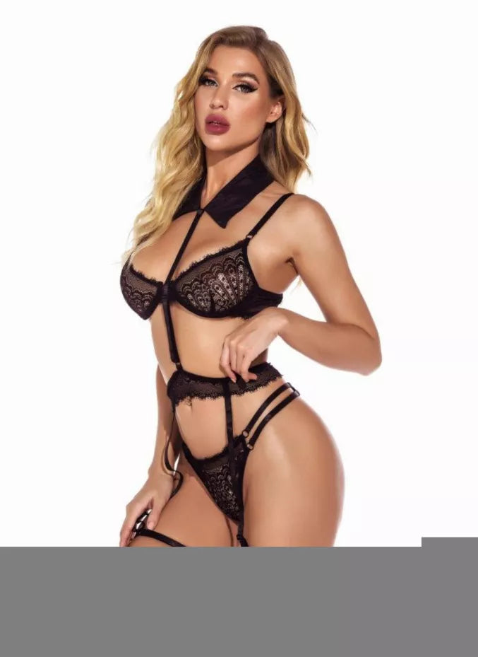 Sexy Lace Collar Set with Garter Belt and G-String (3 Piece)