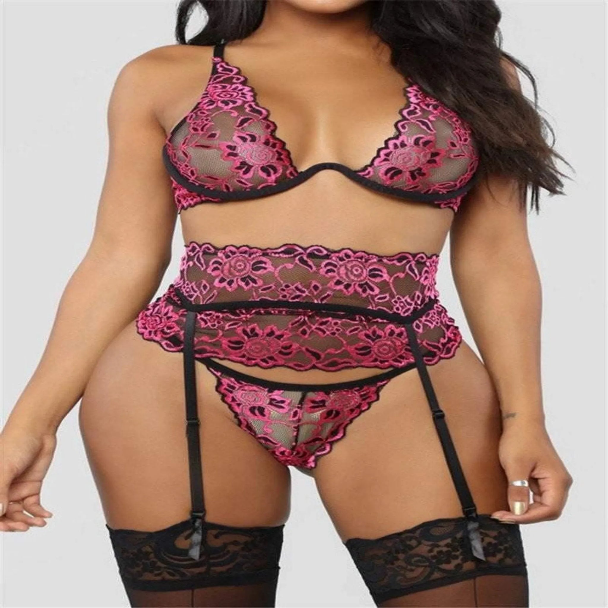 Sexy Bridal Lingerie Set - Bra, Garter Belt & Sheer Panties