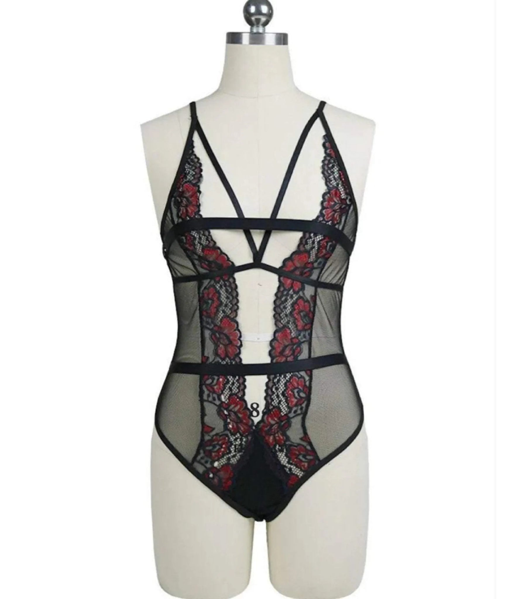Floral Embroidered Lace Mesh Teddy Bodysuit