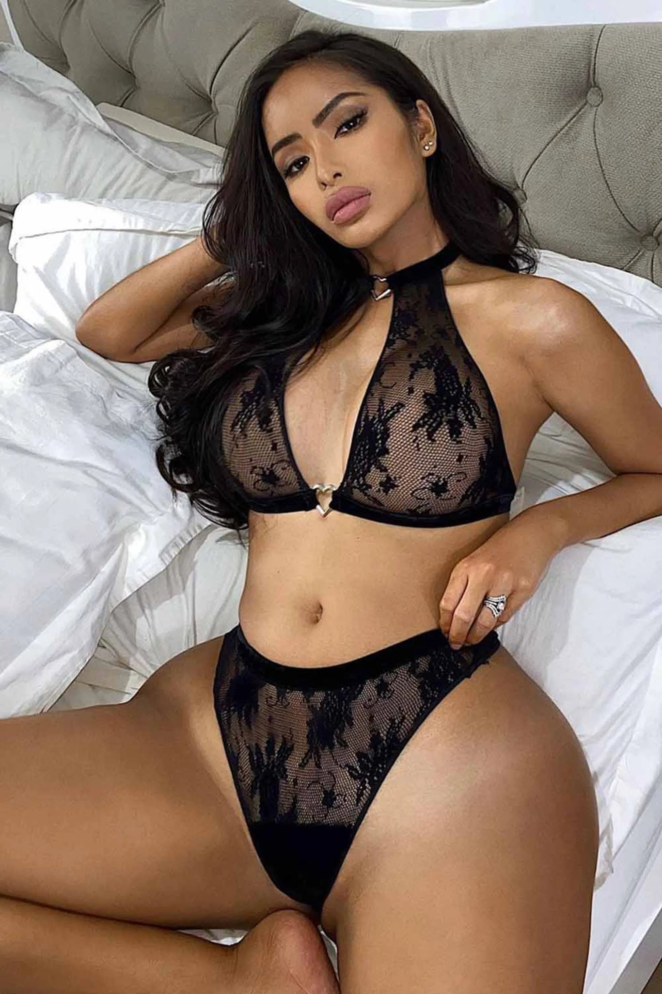 Halter Open Bust Lace Lingerie Set - 2 Pieces
