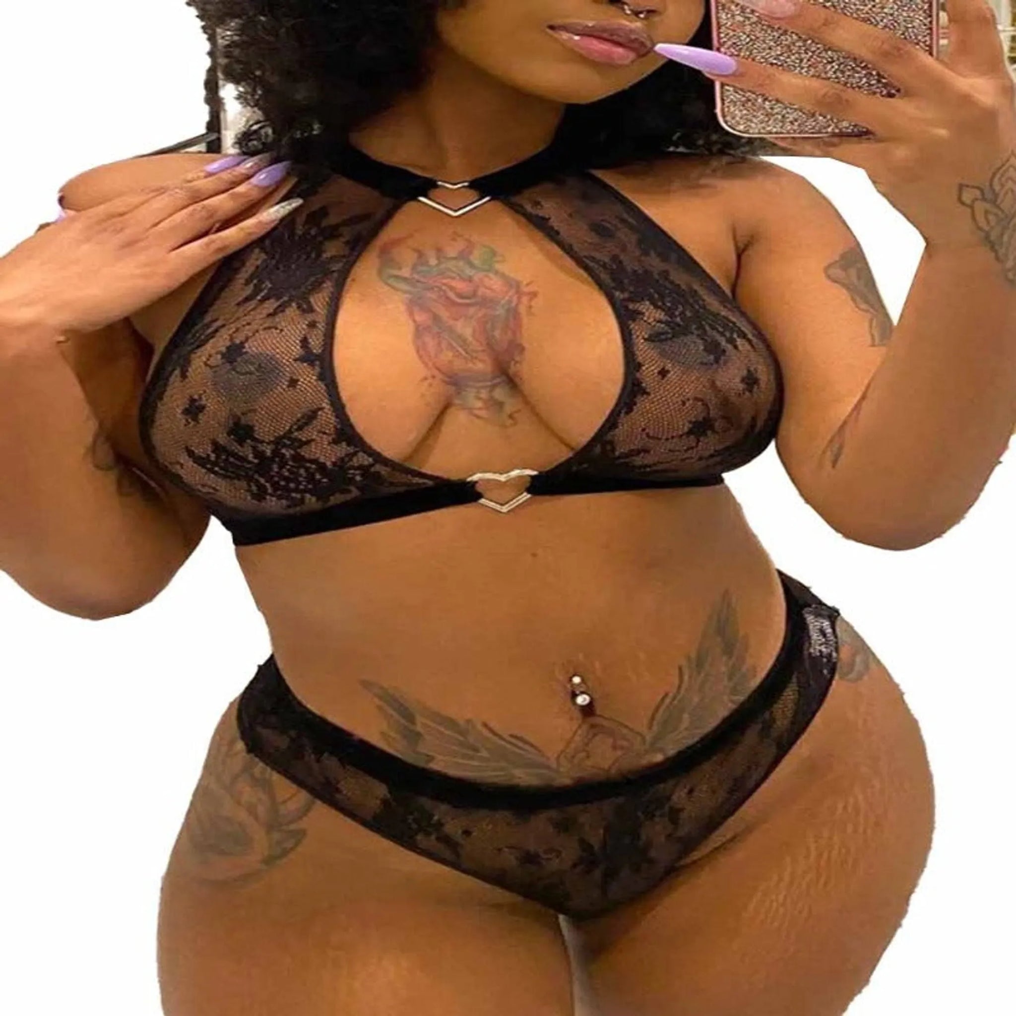 Halter Open Bust Lace Lingerie Set - 2 Pieces