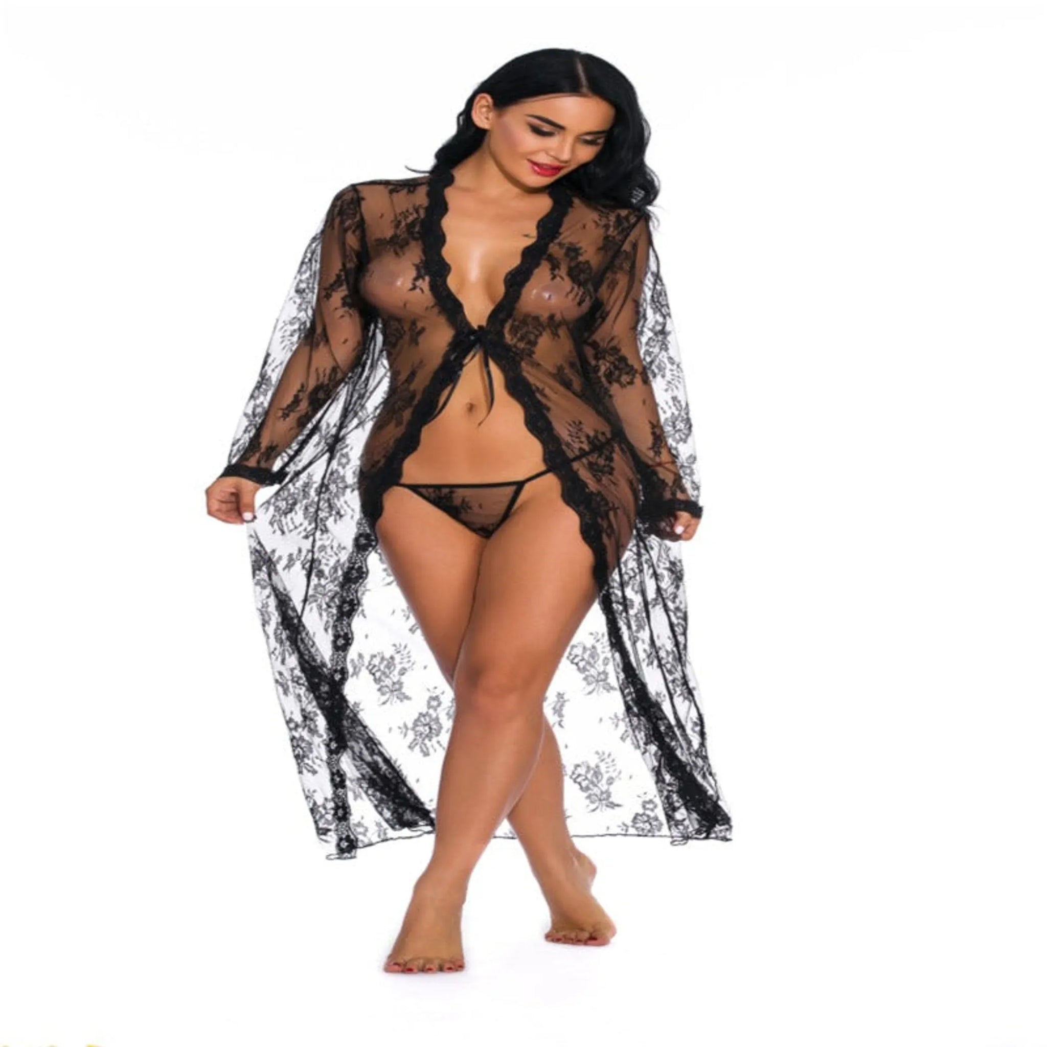 Madonna Solid Lace Deep V Long Sexy Nightdress with G-Strings