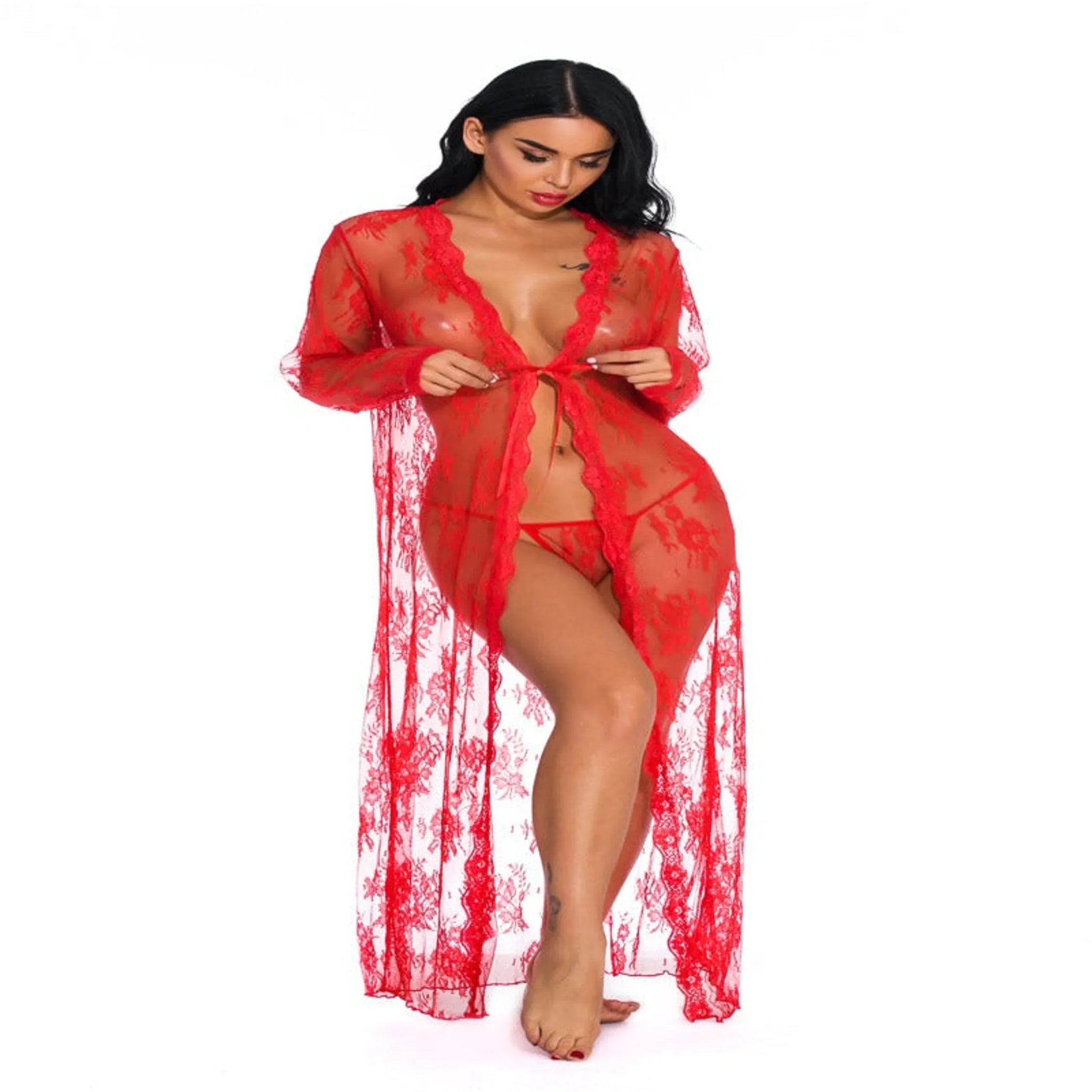 Madonna Solid Lace Deep V Long Sexy Nightdress with G-Strings