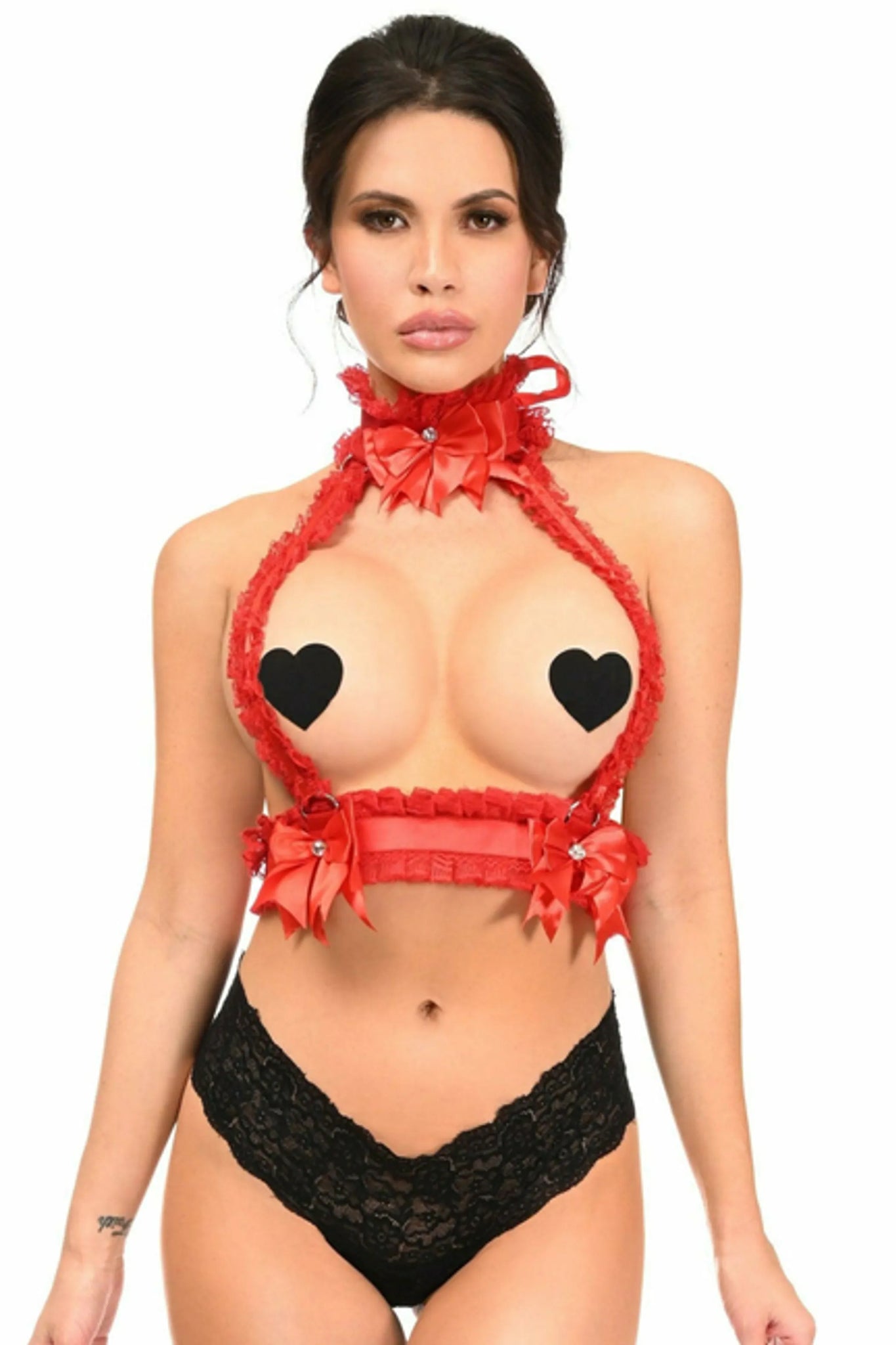 Lace Double Strap Body Harness with Choker Bell