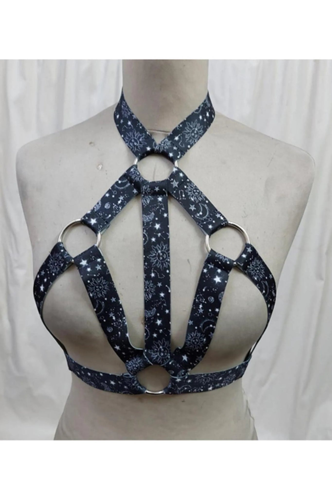 Celestial Print Stretchy Body Harness with Silver Hardware