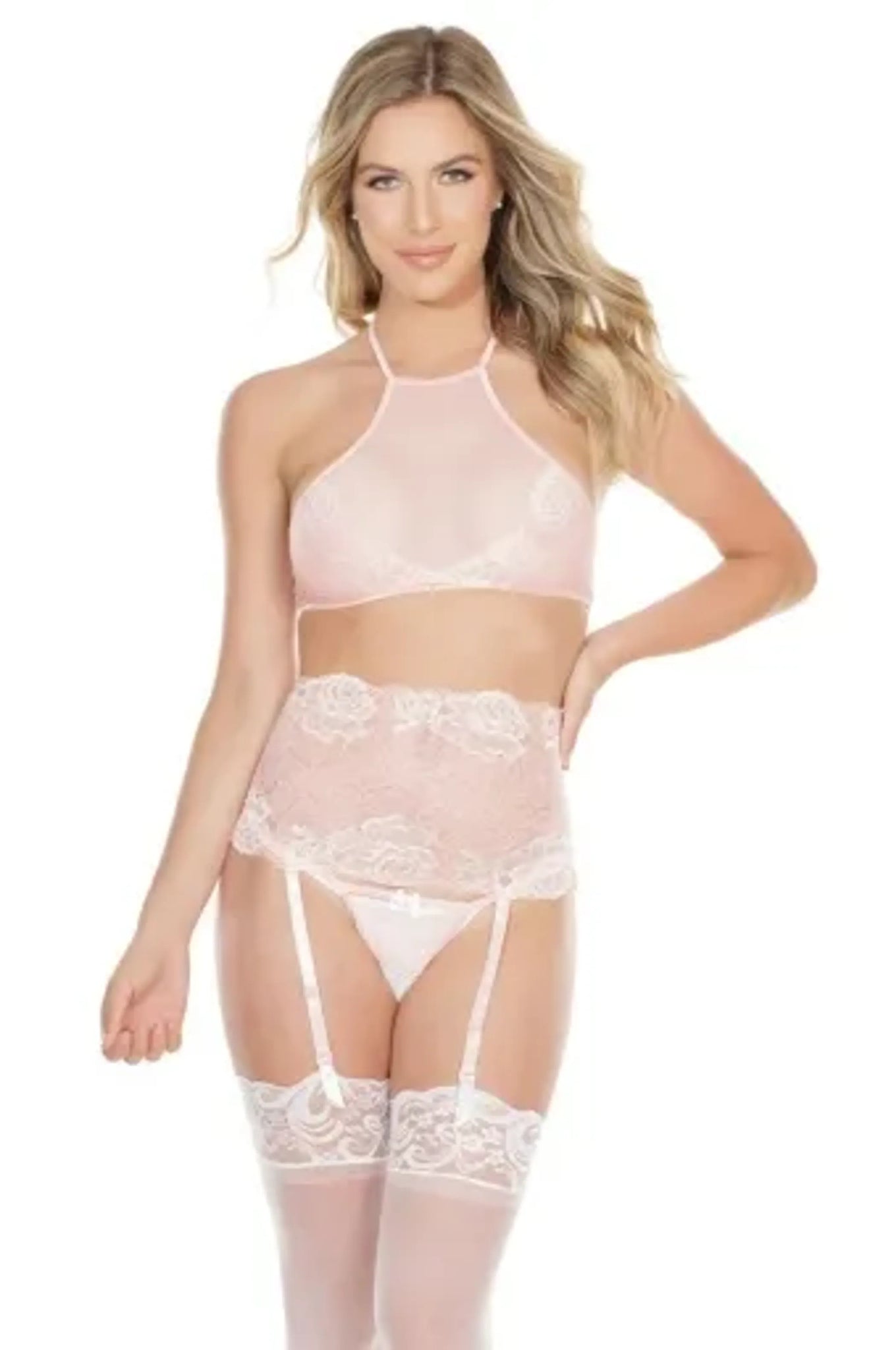 Coquette Crop Halter Top Waist Cincher & Crotchless G-String