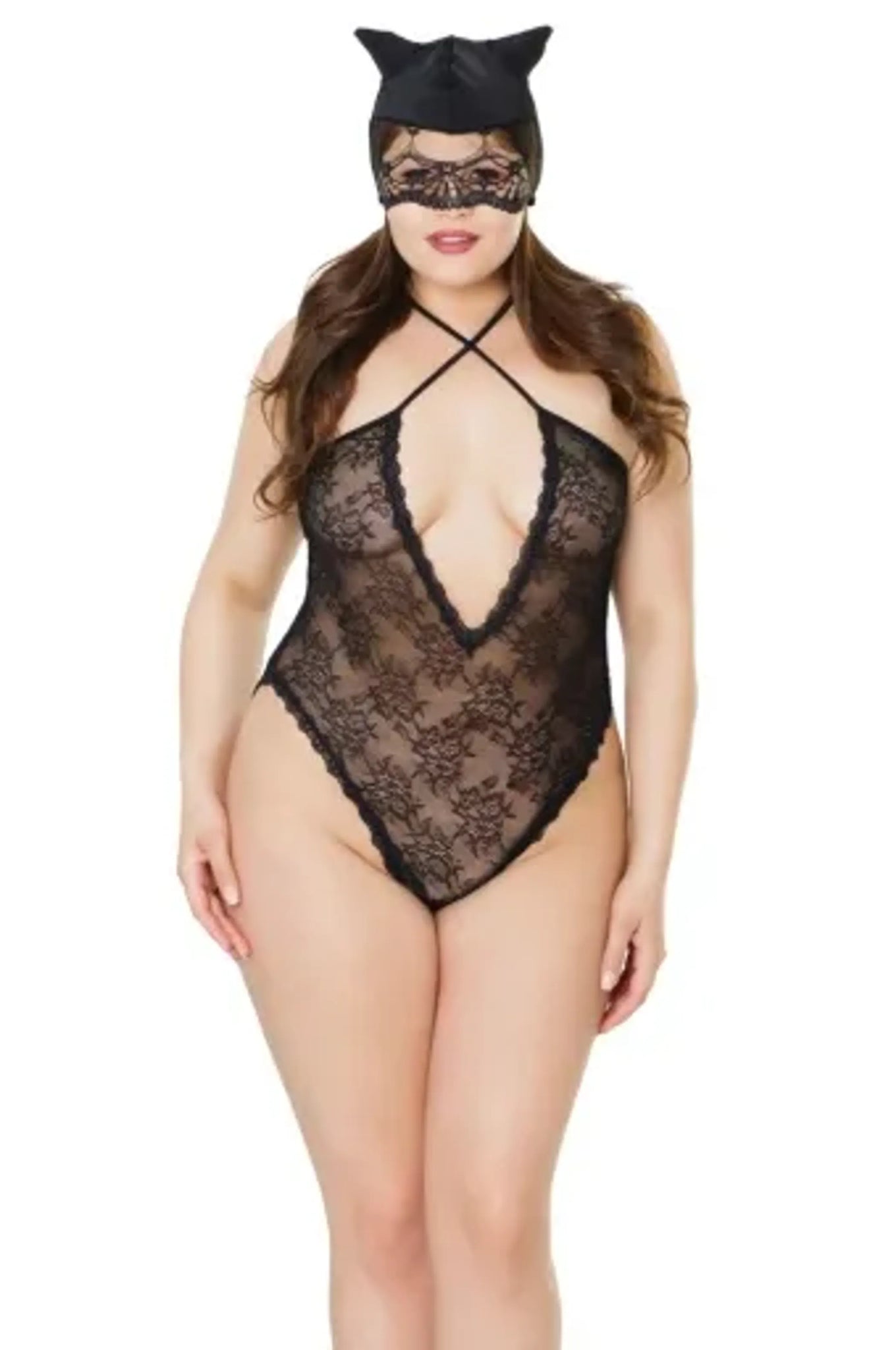 Coquette Kitty Lace Crotchless Teddy W/ Cat Mask - Color: Black | Pack Of: 1 | Style: Clothing