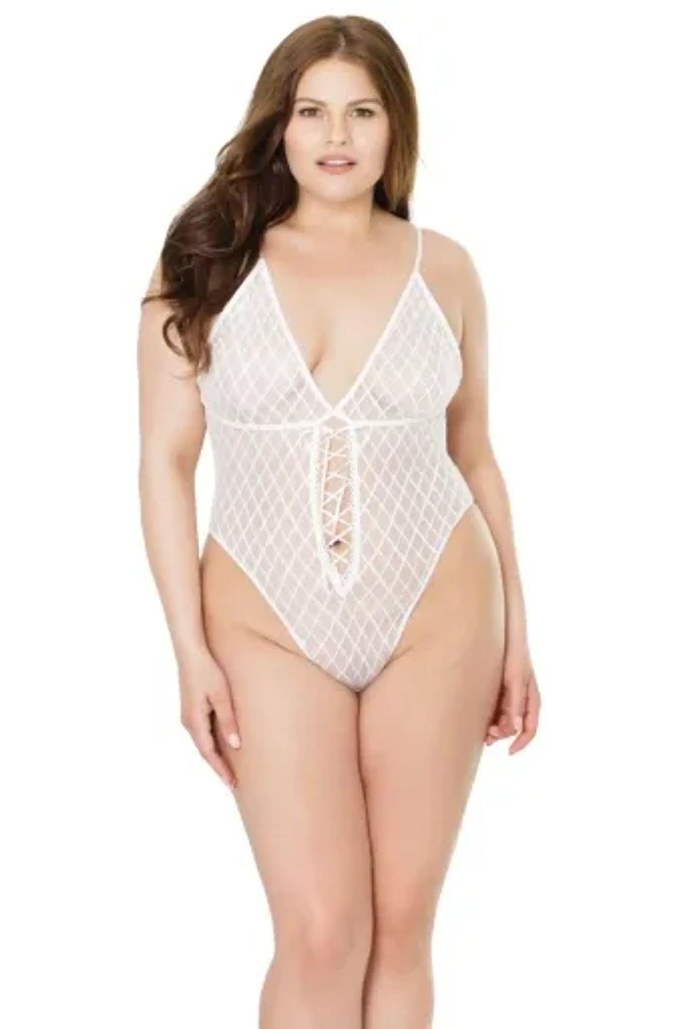 Coquette Mesh High Cut Hidden Crotchless Teddy - Color: White | Pack Of: 1 | Style: Clothing