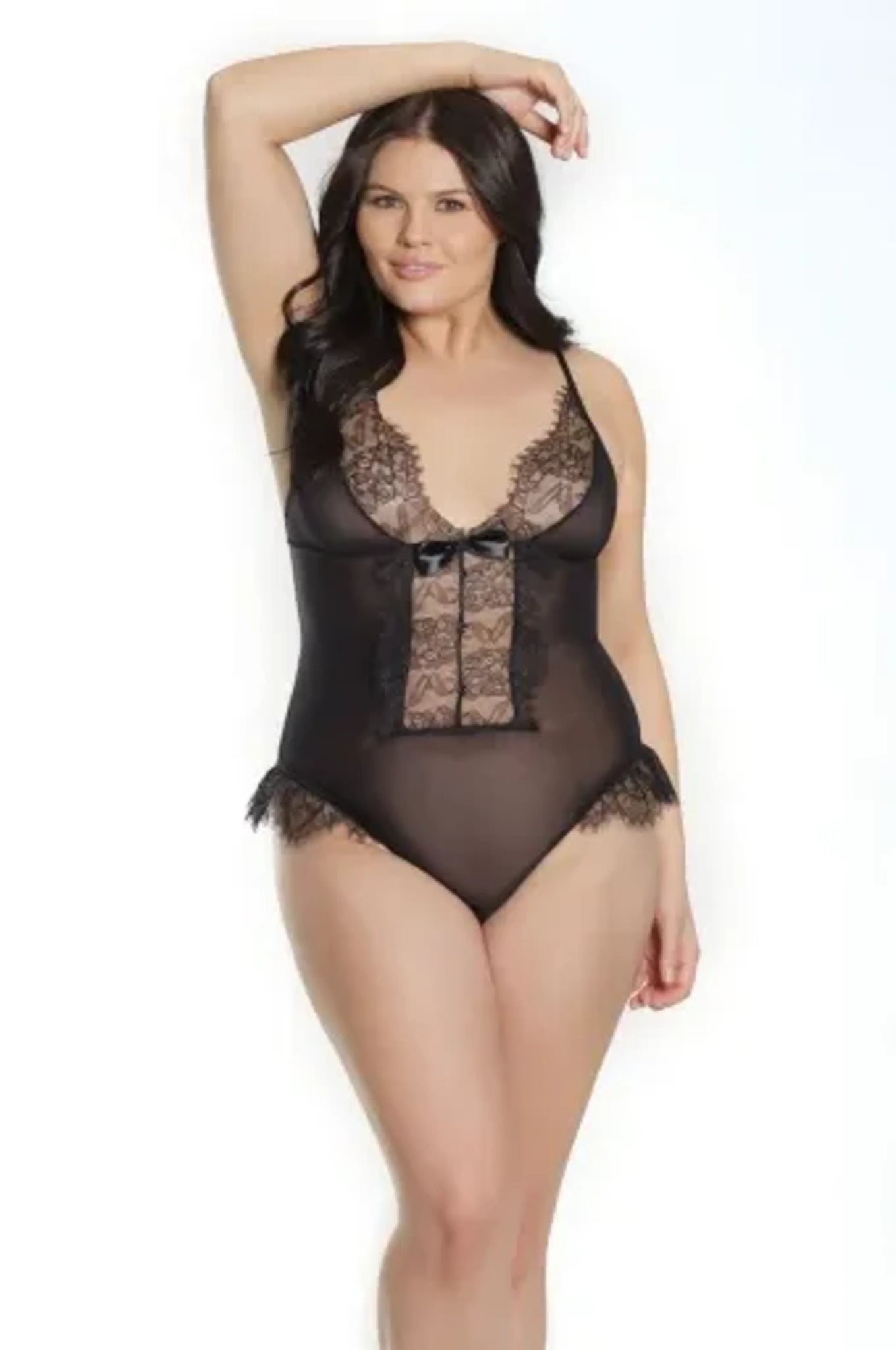 Coquette Sheer Crotchless Teddy W/ Eyelash Lace & Faux Button Detail - Color: Black | Pack Of: 1 | Style: Clothing