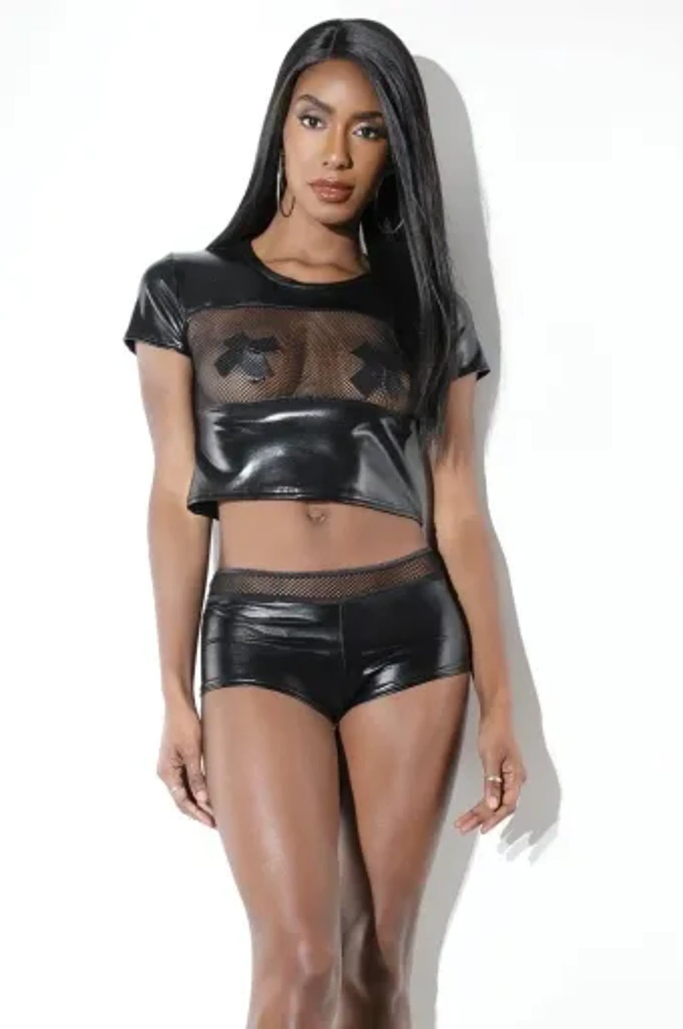 Coquette Wetlook Shirt With Front Fishnet Panel