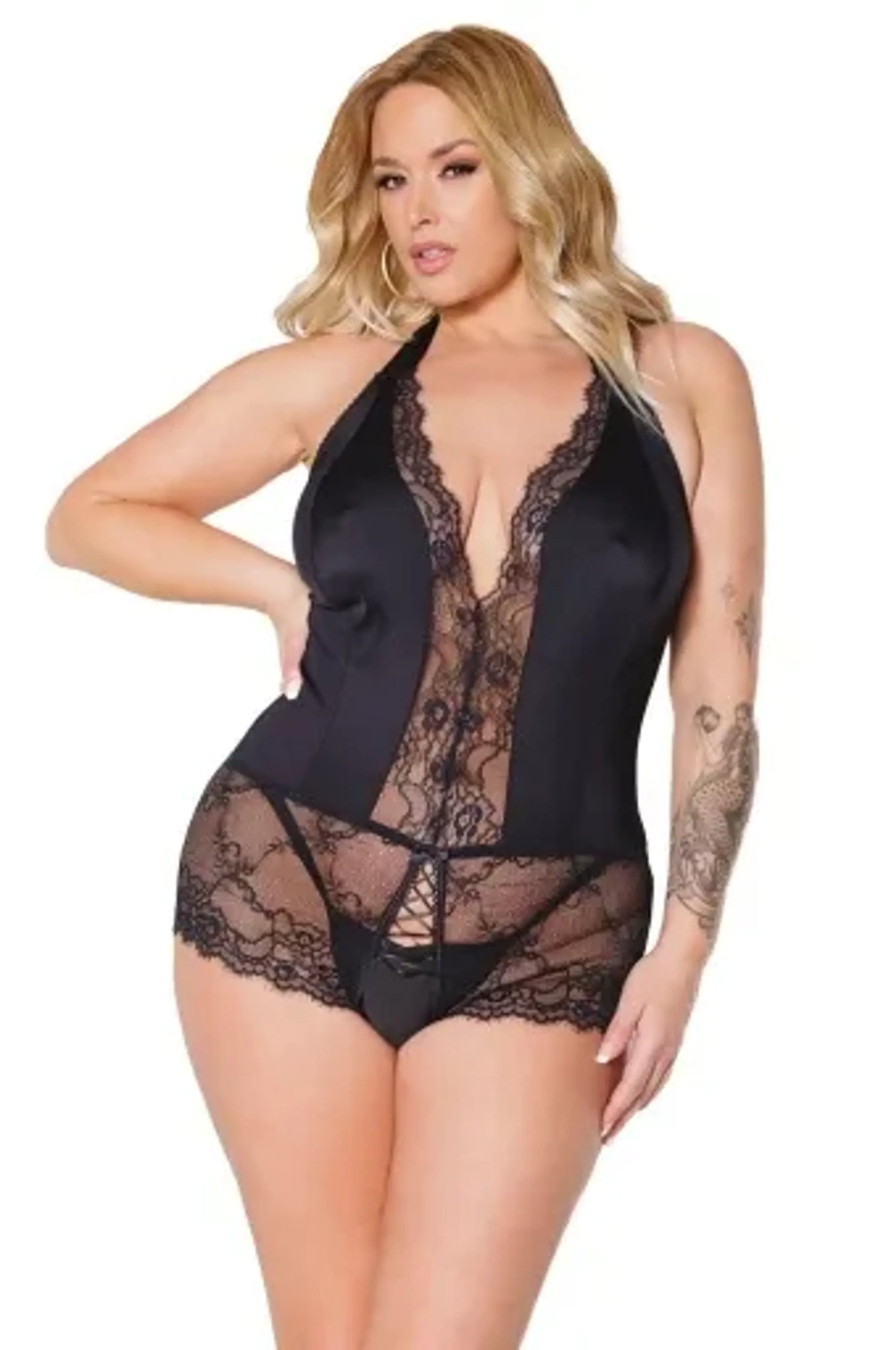 Coquette Satin & Lace Crotchless Halter Teddy - Color: Black | Pack Of: 1 | Style: Clothing