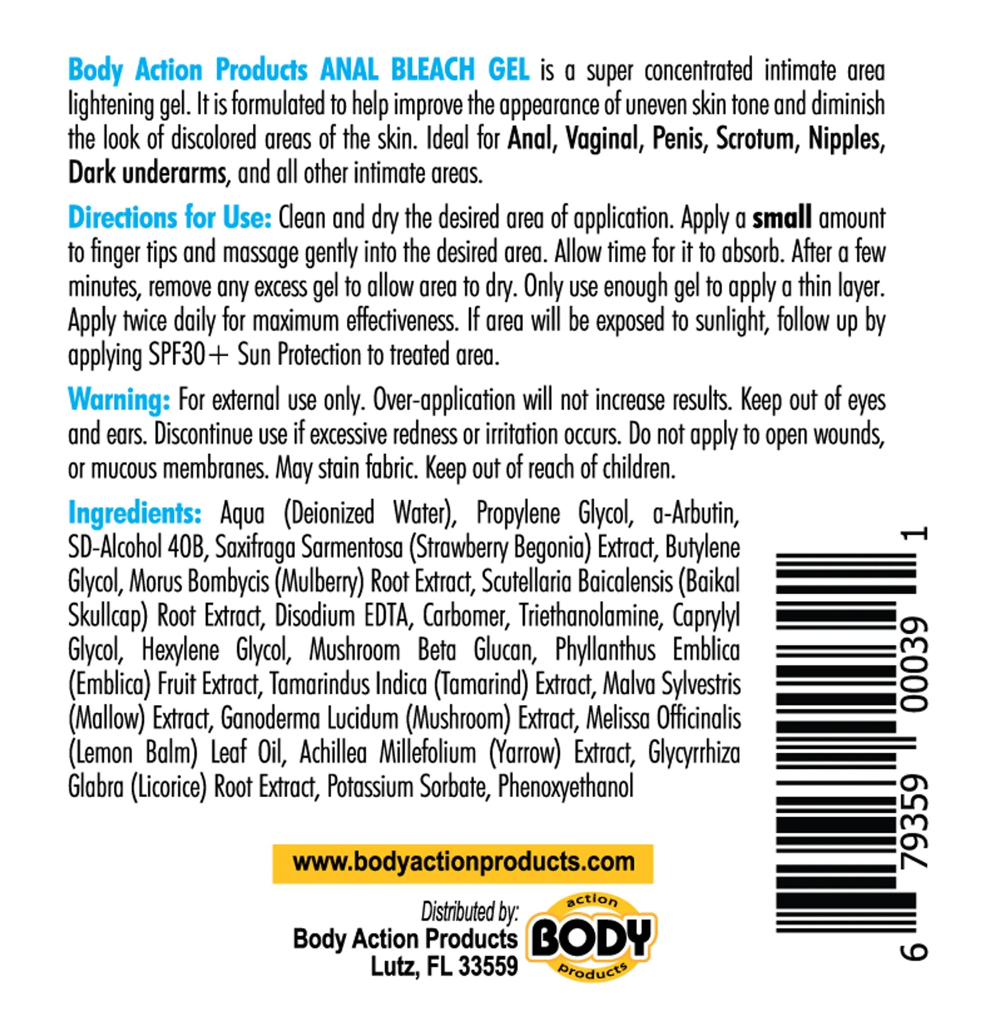 BODY ACTION ANAL BLEACH GEL 1 OZ BOTTLE COUNTER DISPLAY 6PCS