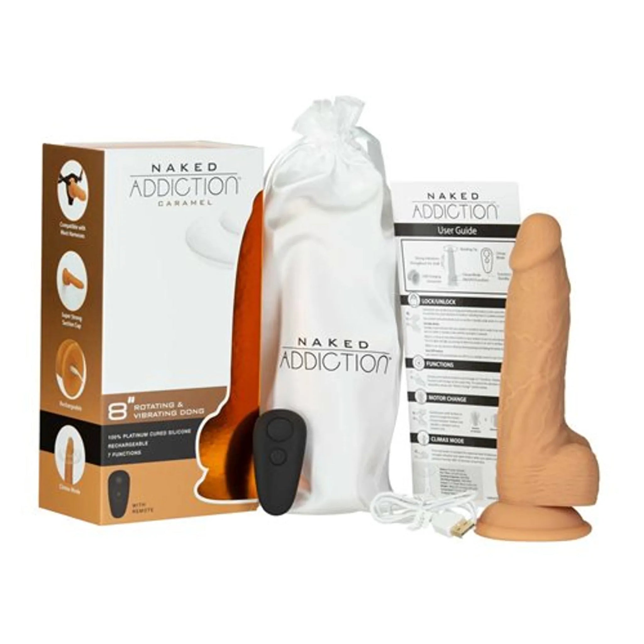 NAKED ADDICTION 8IN ROTATING & VIBRATING DONG CARAMEL