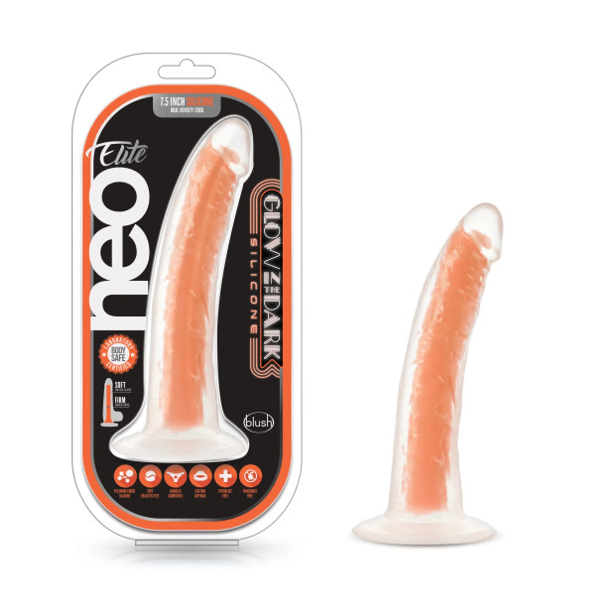 NEO ELITE GLOW IN THE DARK 7.5IN DUAL DENSITY COCK NEON NEON ORANGE