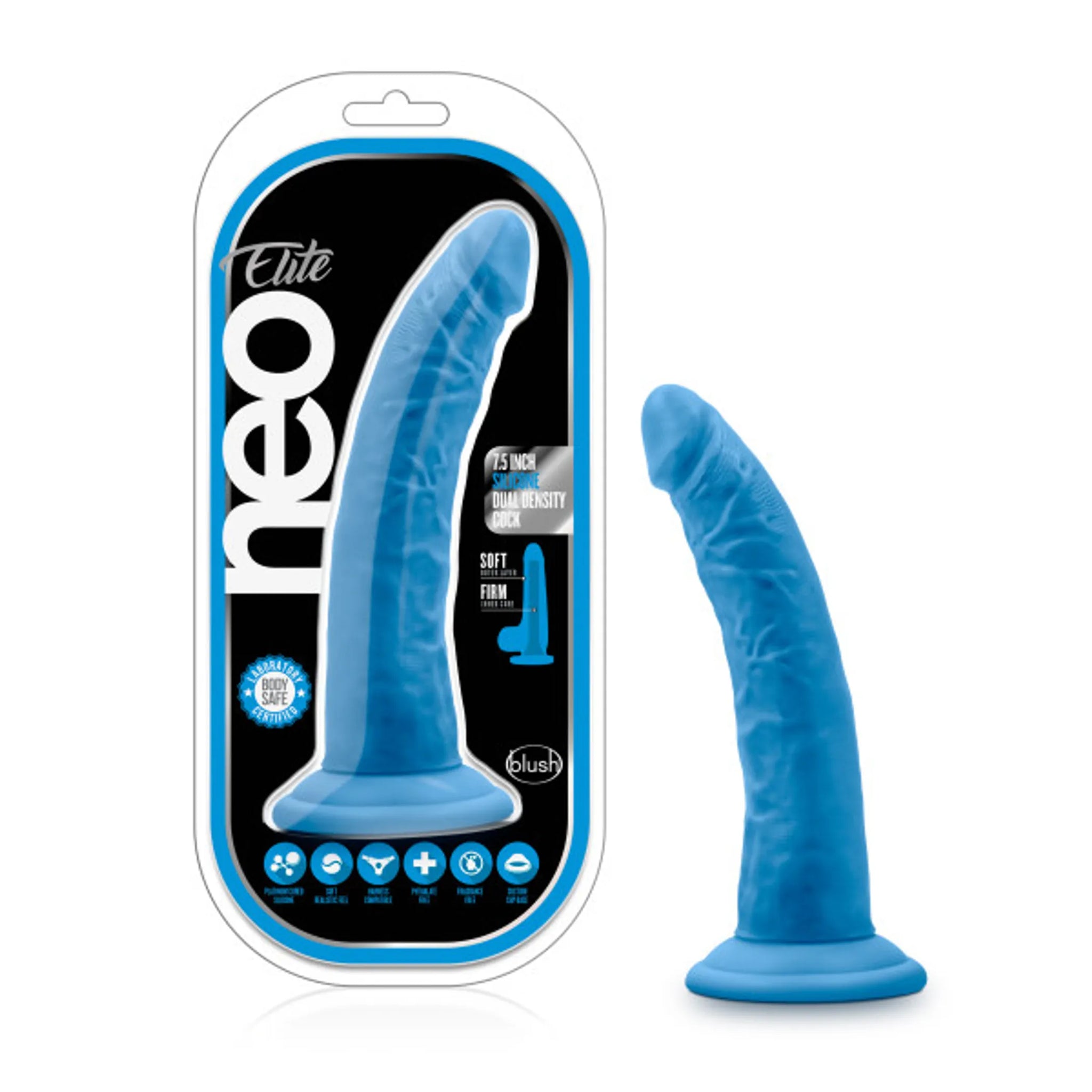 NEO ELITE 7.5IN SILICONE DUAL DENSITY COCK NEON BLUE