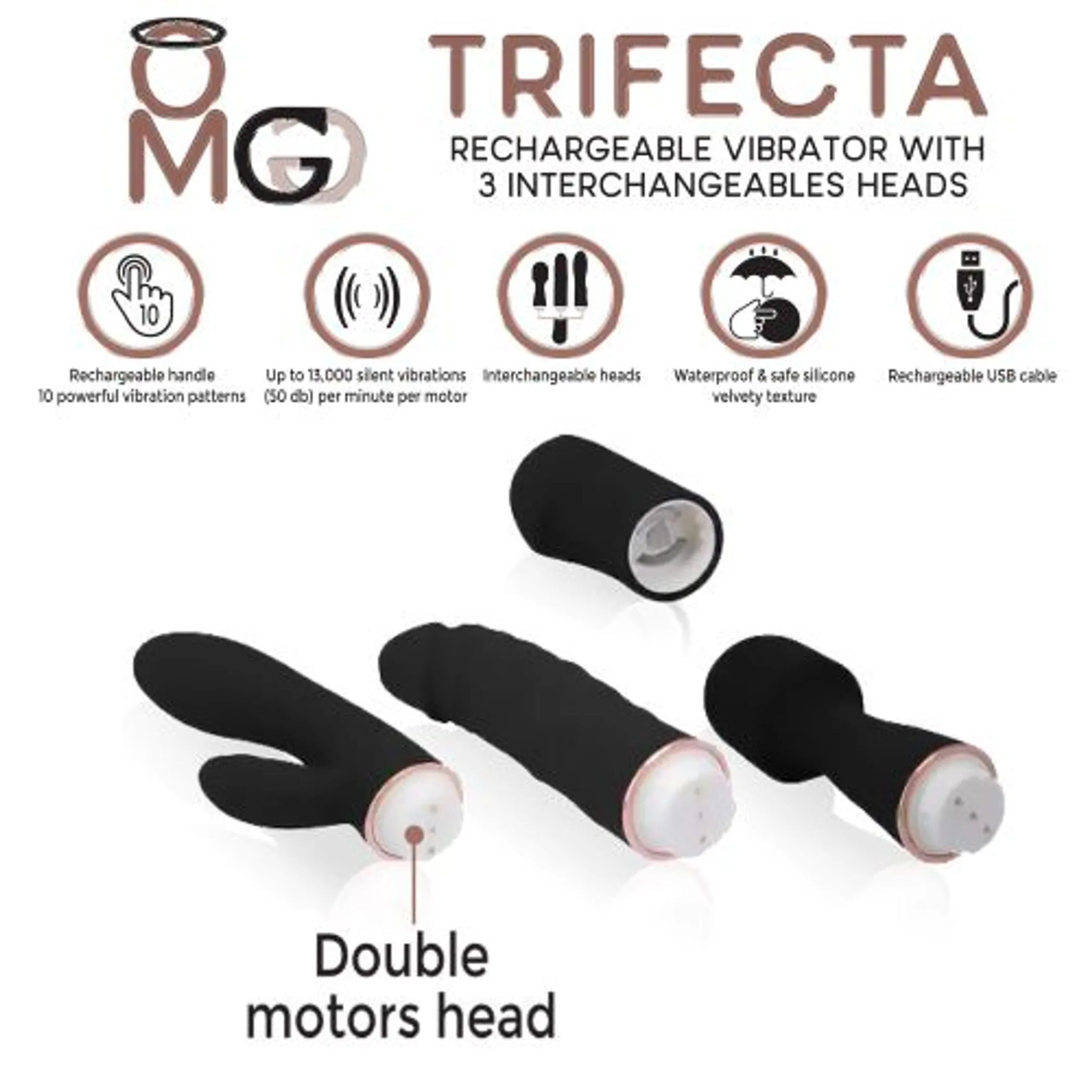 TRIFECTA RECHARGEABLE VIBRATOR W/ 3 INTERCHANGEABLE HEADS BLACK