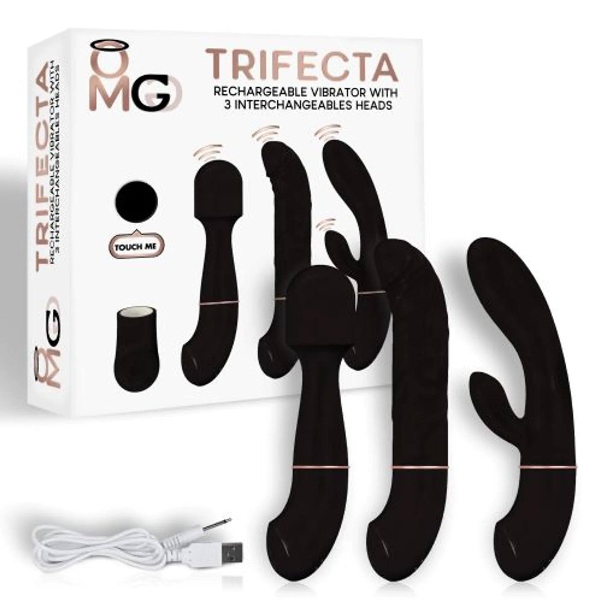 TRIFECTA RECHARGEABLE VIBRATOR W/ 3 INTERCHANGEABLE HEADS BLACK