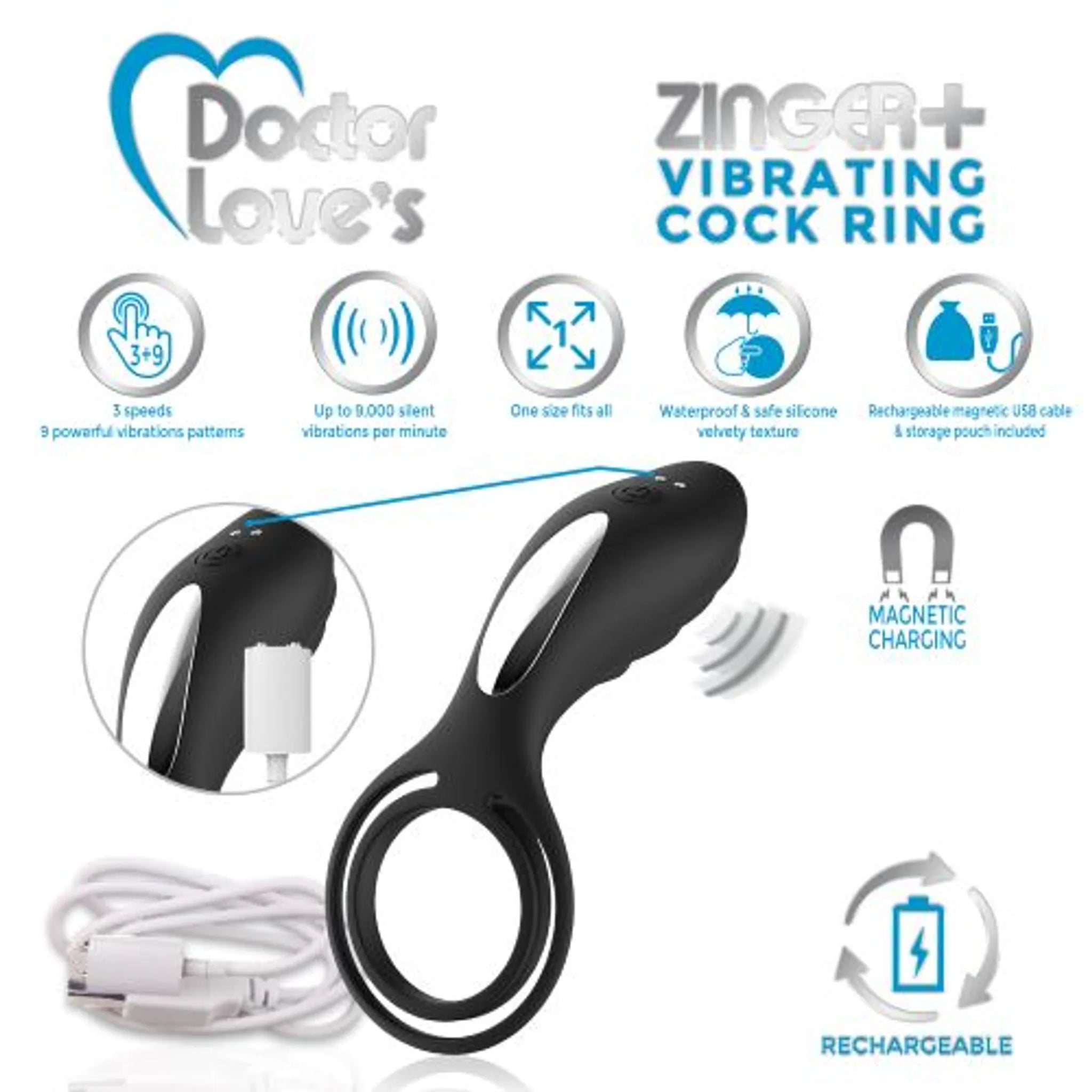 Zinger+ Rechargeable Vibrating Cock Ring - Black
