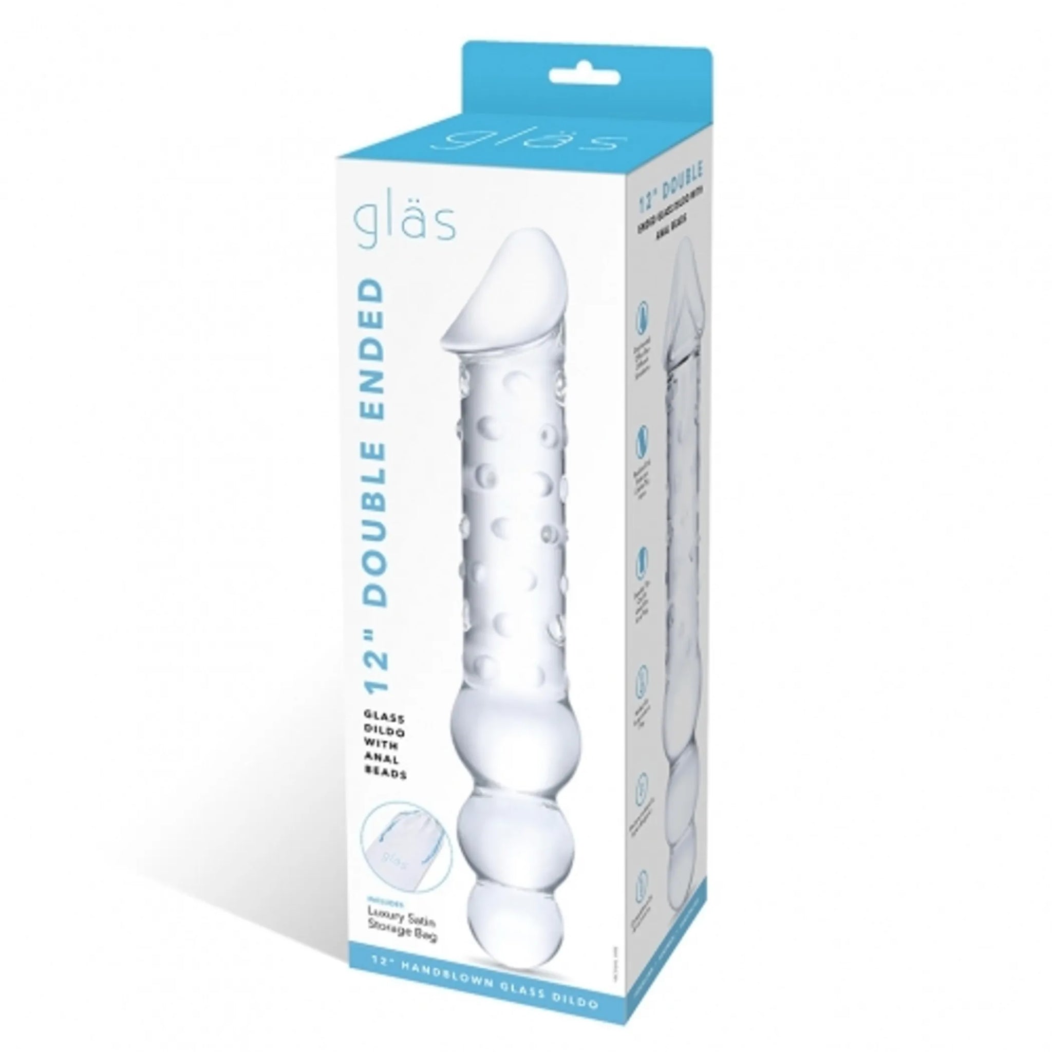 GLAS 12IN DOUBLE ENDED DILDO W / ANAL BEADS