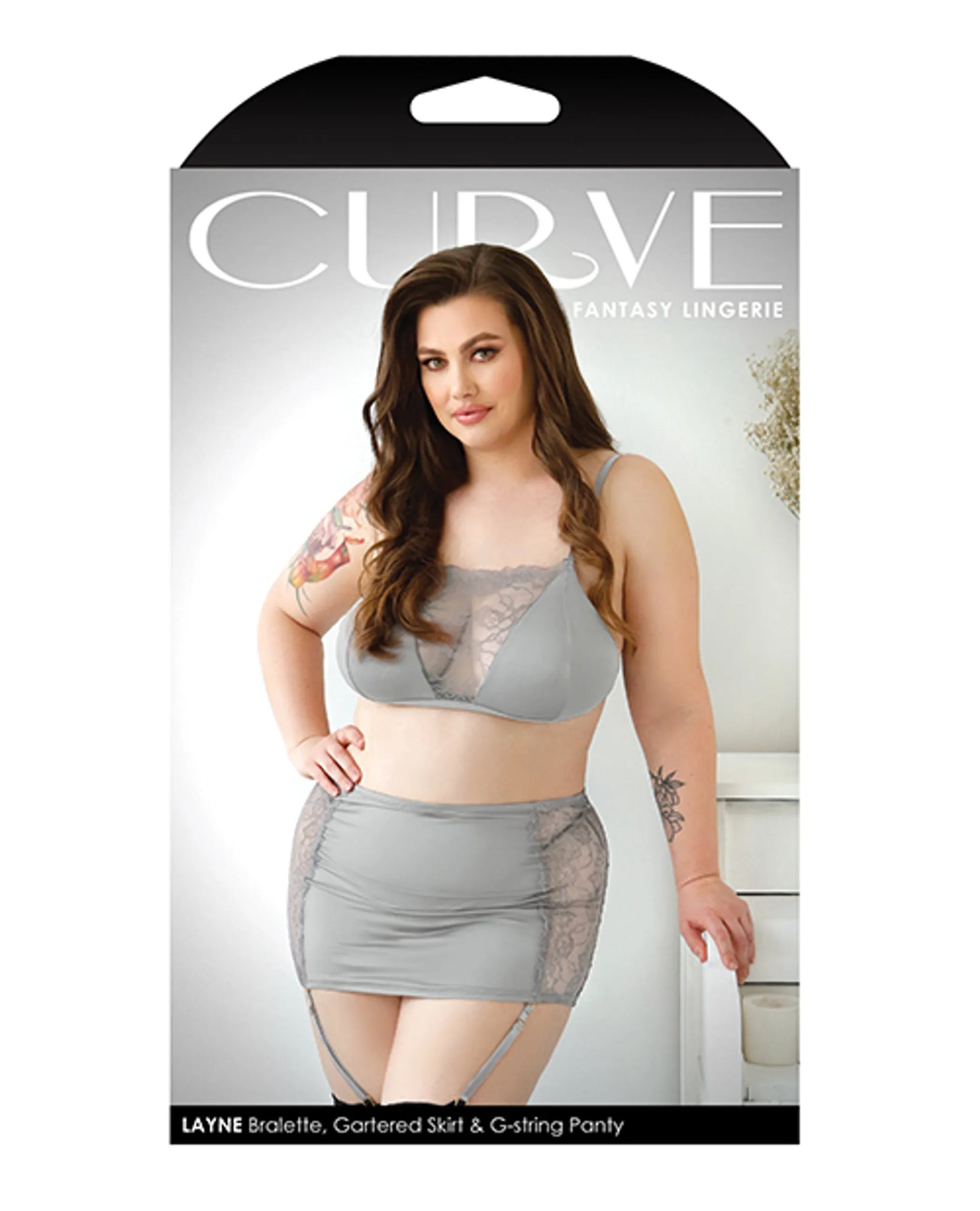 LAYNE BRALETTE GARTERED SKIRT & G-STRING GRAY 1X/2X