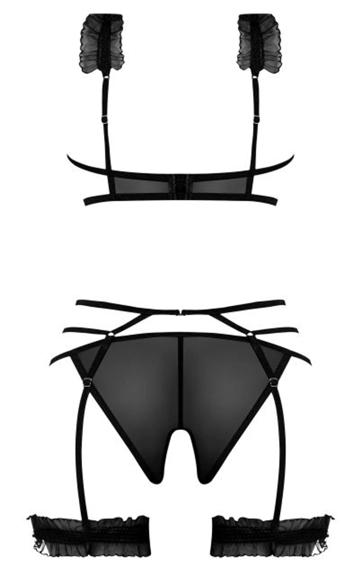 RUFFLED BRA GARTER & PANTY BLACK 2XL
