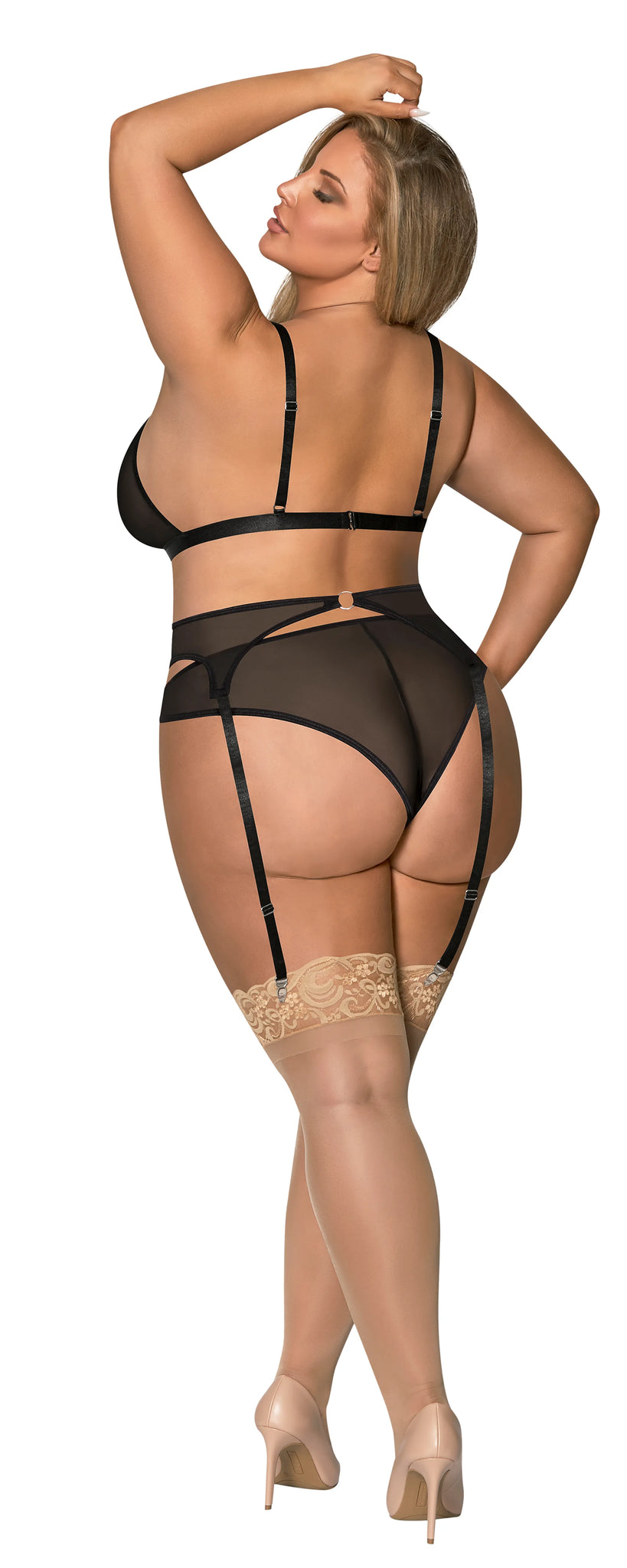SASSY BRA GARTER & ROUCHED PANTY BLACK