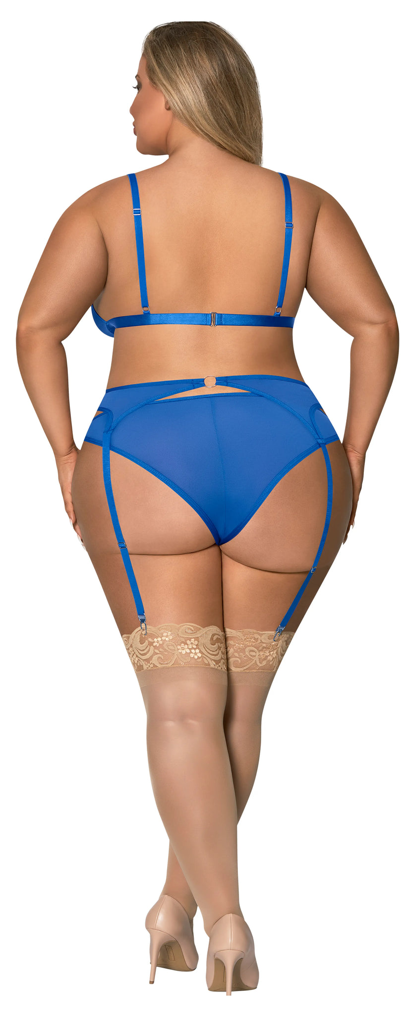 SASSY BRA GARTER & ROUCHED PANTY COBALT