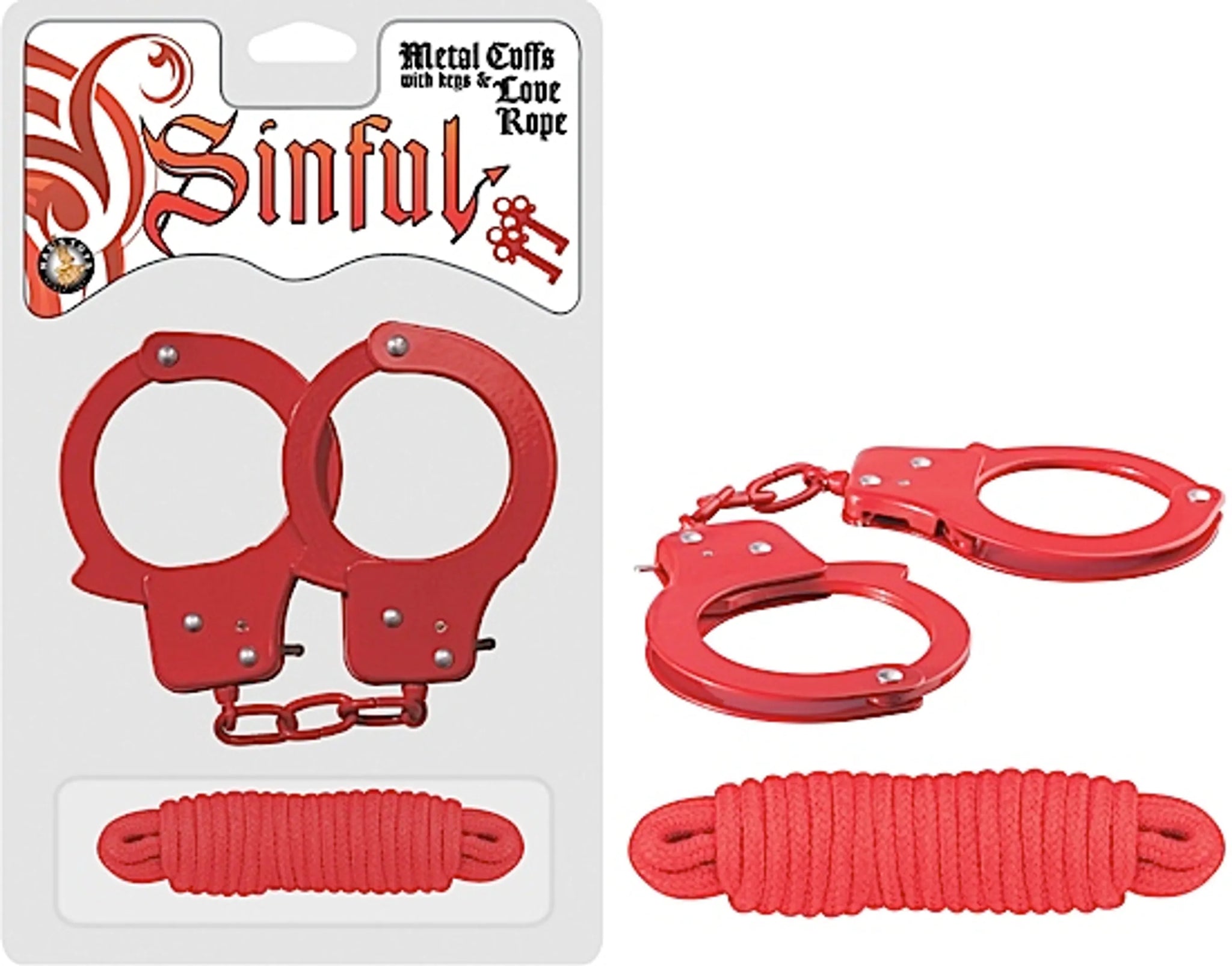 SINFUL METAL CUFFS W/LOVE ROPE RED