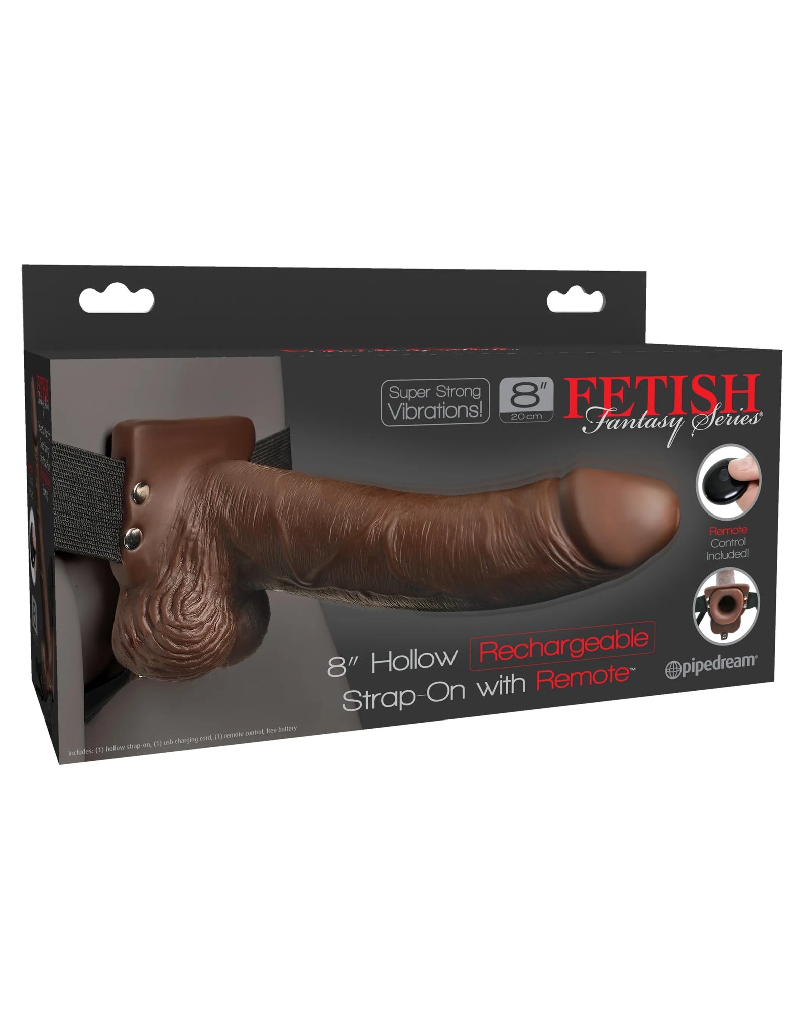 FETISH FANTASY 8 IN HOLLOW RECHARGEABLE STRAP-ON REMOTE BROWN