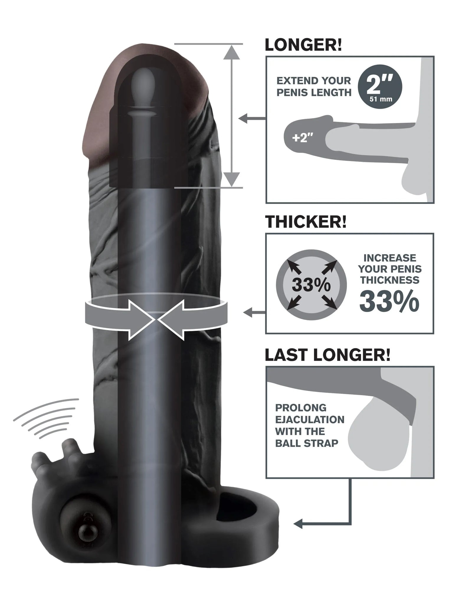 Fantasy X-Tensions Vibrating Real Feel 2" Extension – Black (by Pipedream)