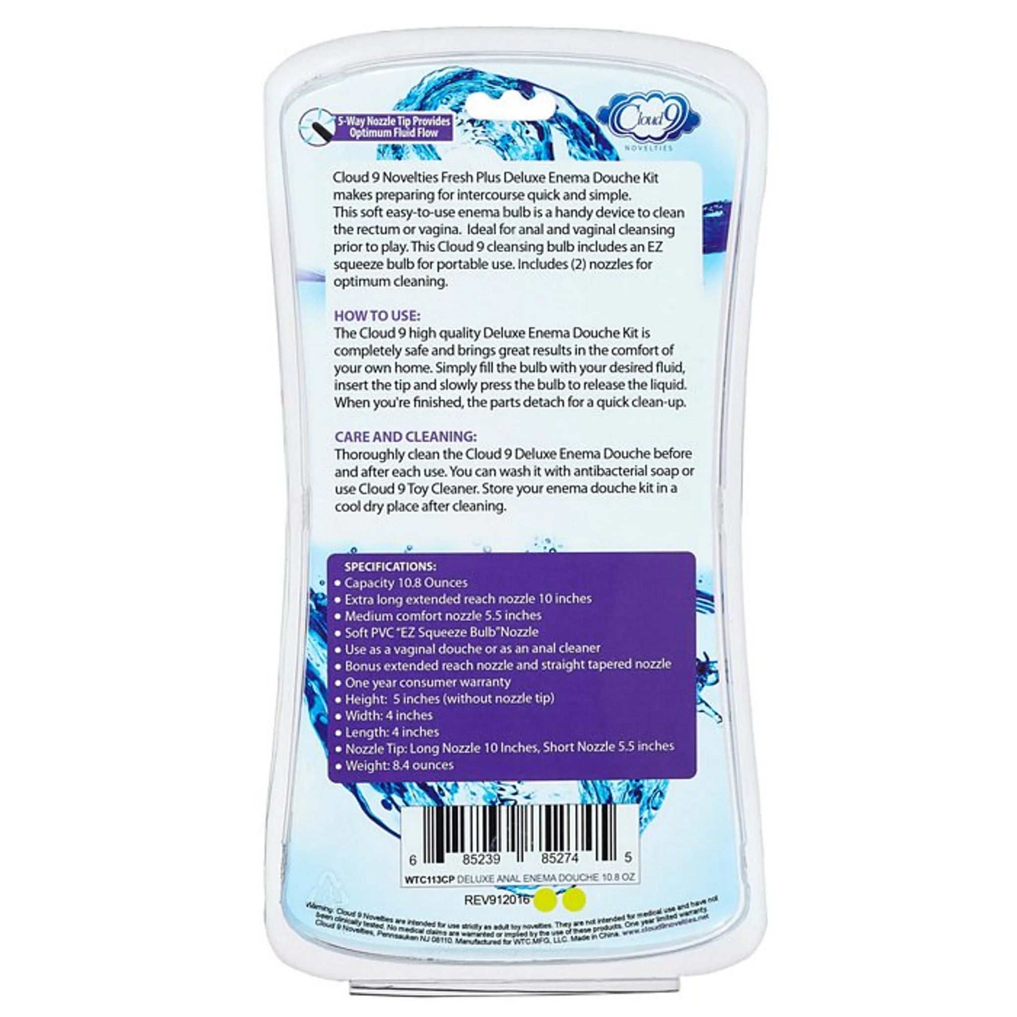 CLOUD 9 FRESH + DELUXE ANAL ENEMA DOUCHE KIT 10.8 OZ EZ SQUEEZE BULB W/ SOFT NOZZLE