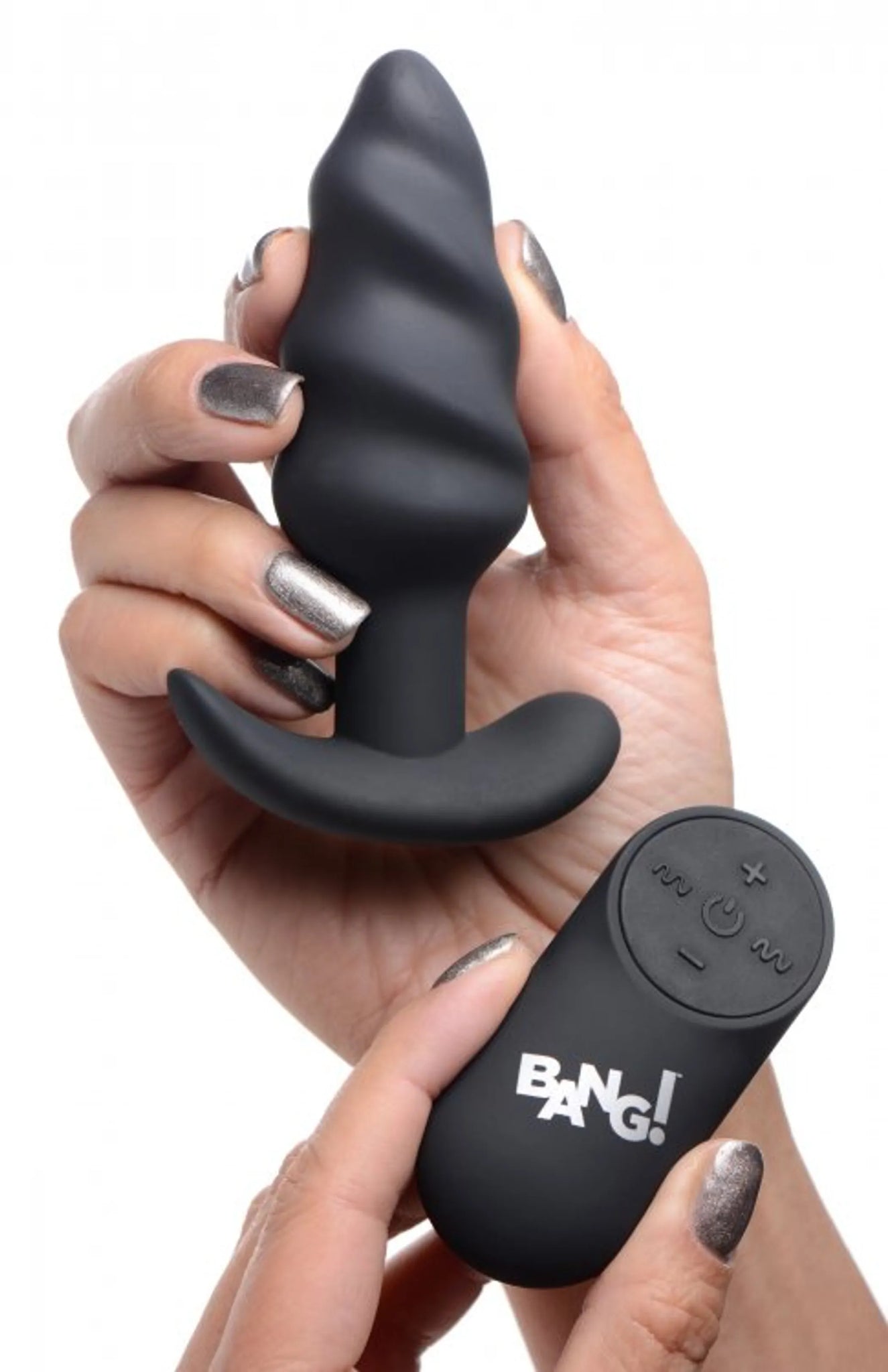 21X Vibrating Silicone Swirl Butt Plug with Remote - Black