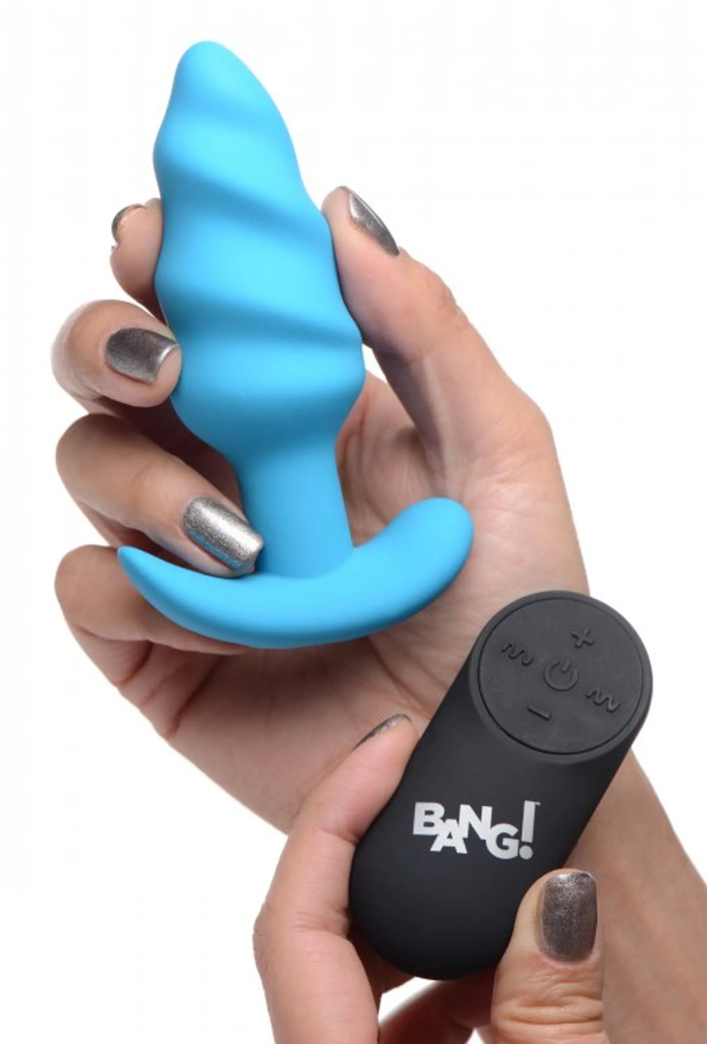 21X Vibrating Silicone Swirl Butt Plug with Remote - Blue