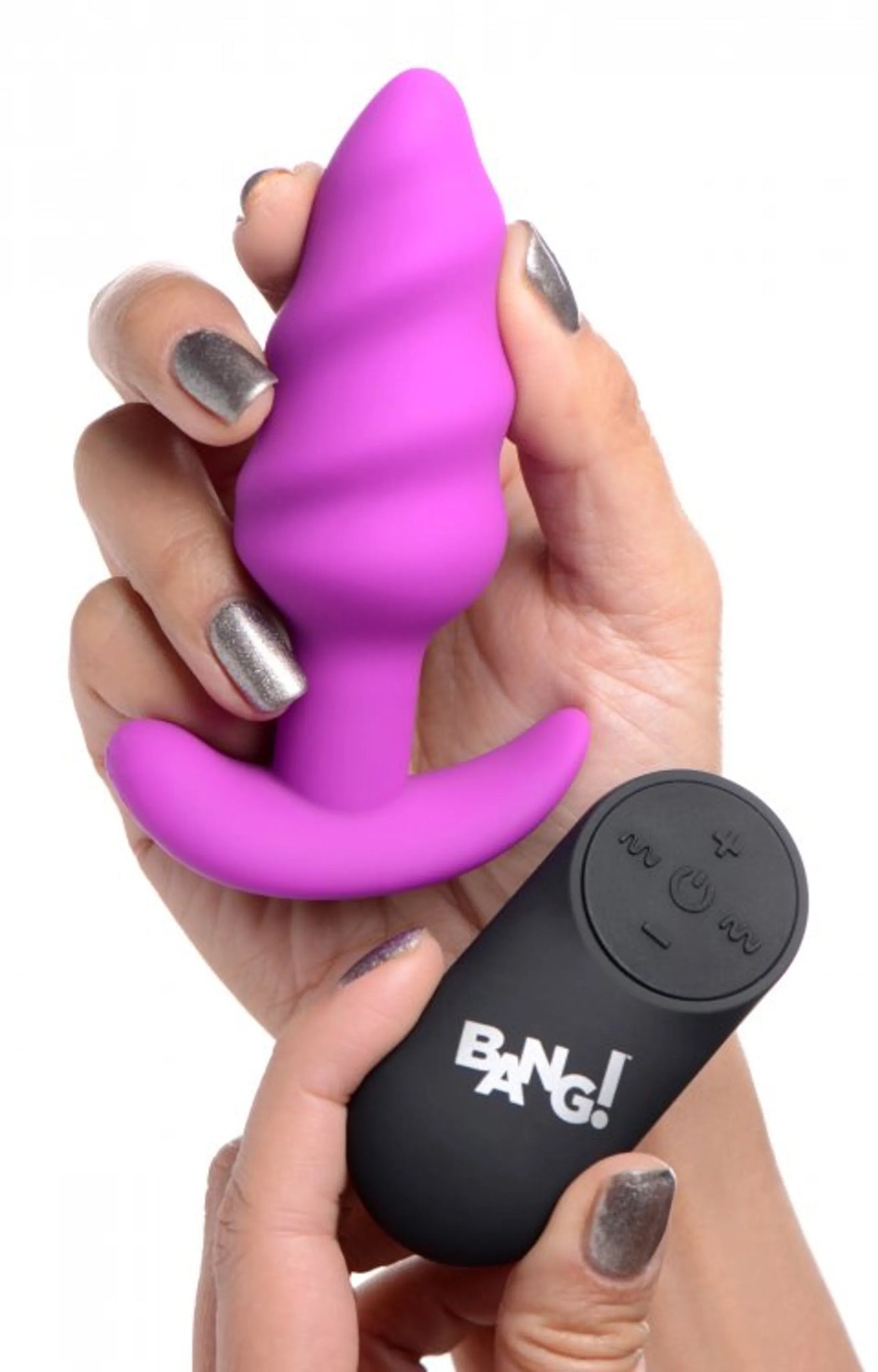 21X Vibrating Silicone Swirl Butt Plug with Remote - Purple