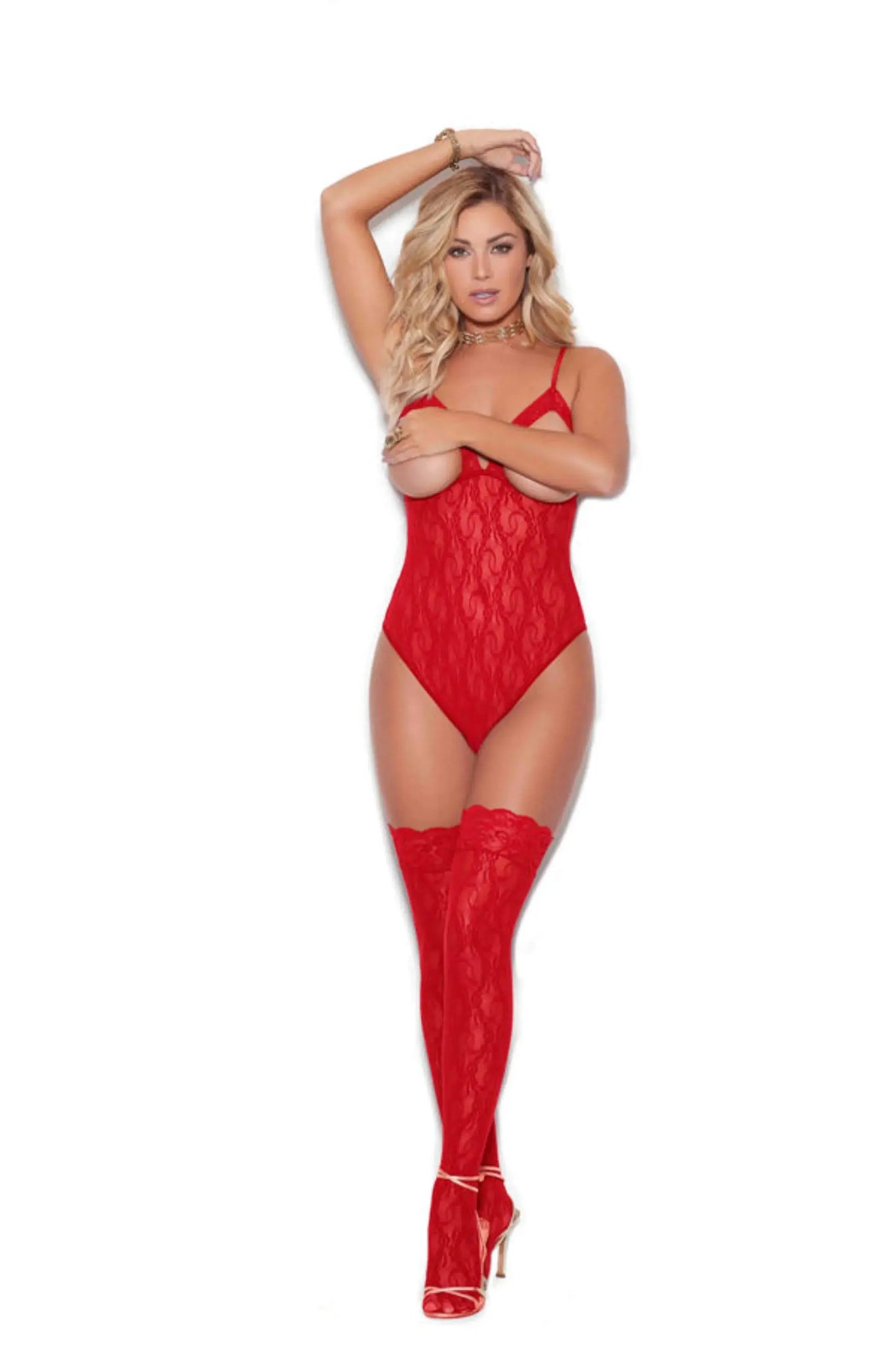 CUPLESS STRETCH LACE TEDDY W/ THIGH HI'S RED O/S Elegant Moments Lingerie