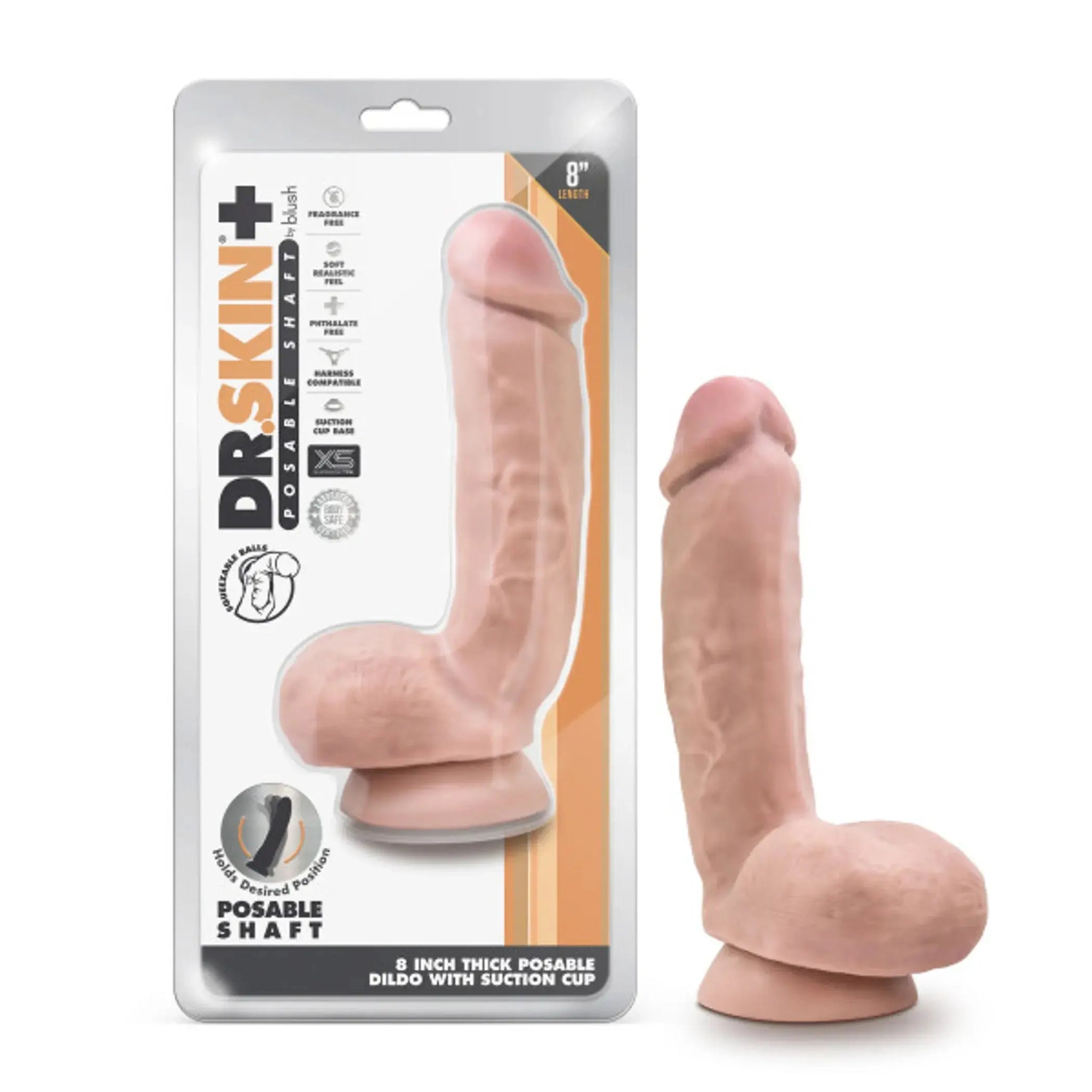 DR SKIN PLUS 8IN THICK DILDO W/ SQUEEZABLE BALLS VANILLA Blush Novelties