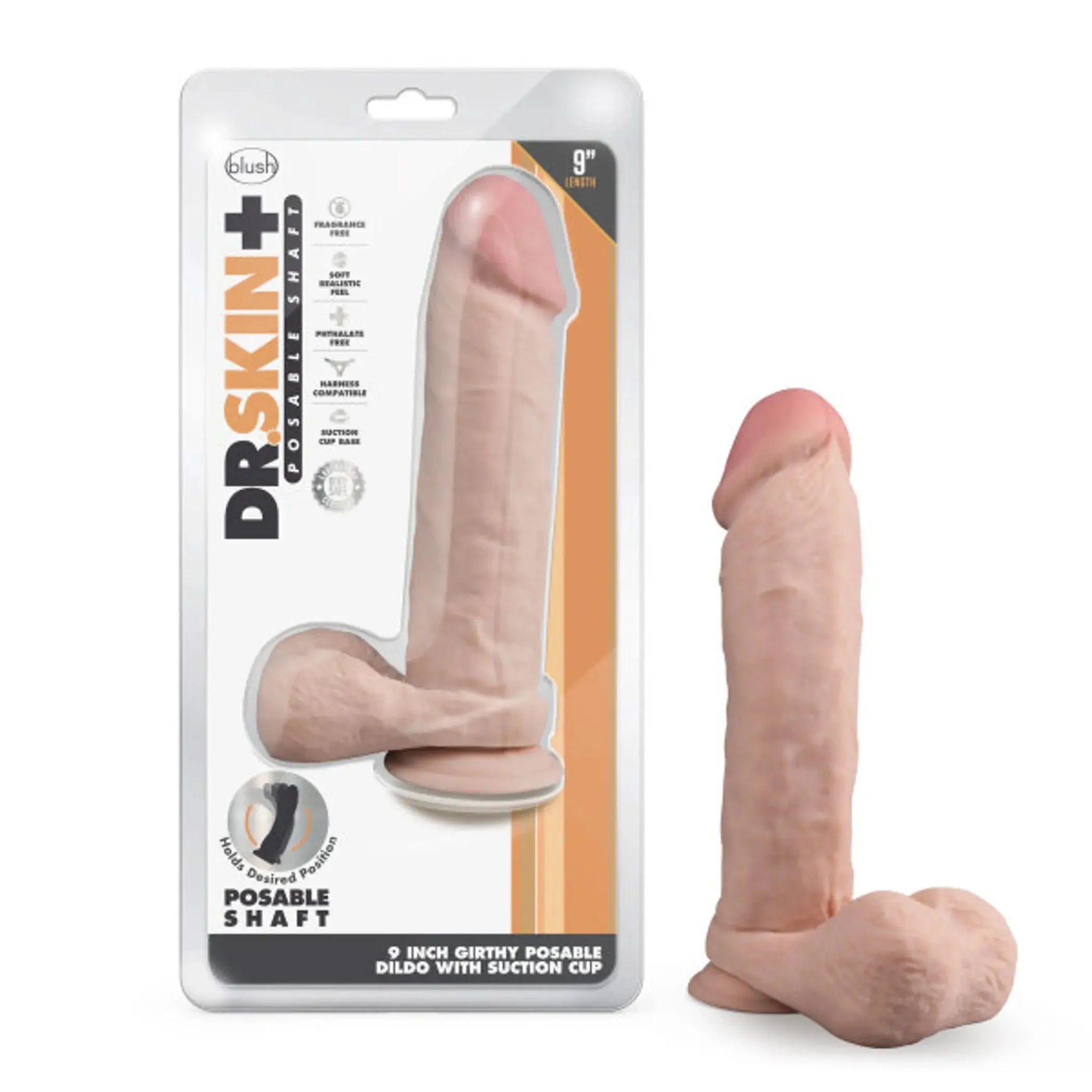 DR SKIN PLUS 9IN THICK POSABLE DILDO W/ BALLS VANILLA Blush Novelties