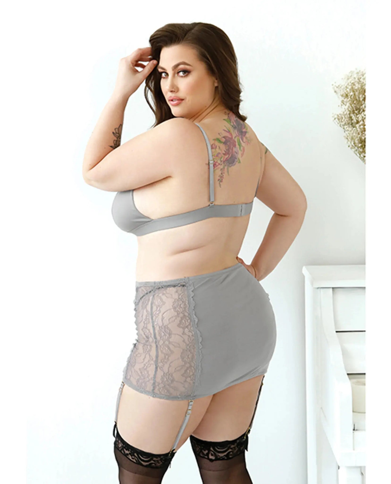 LAYNE BRALETTE GARTERED SKIRT & G-STRING GRAY 1X/2X Fantasy Lingerie