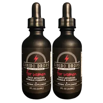 Two bottles of Libido Drops™ for Women in amber dropper bottles — natural female libido supplement